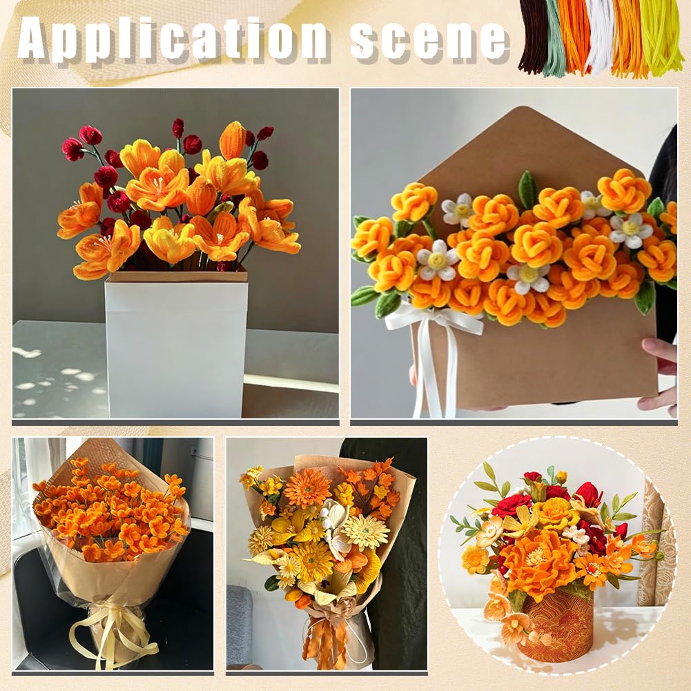 OLYCRAFT 600 pezzi - Kit per la creazione di fiori in detergente per pipe arancioni, 6 colori con fili floreali, nastro da giardinaggio, carta per abbellimento floreale e stamens per bouquet