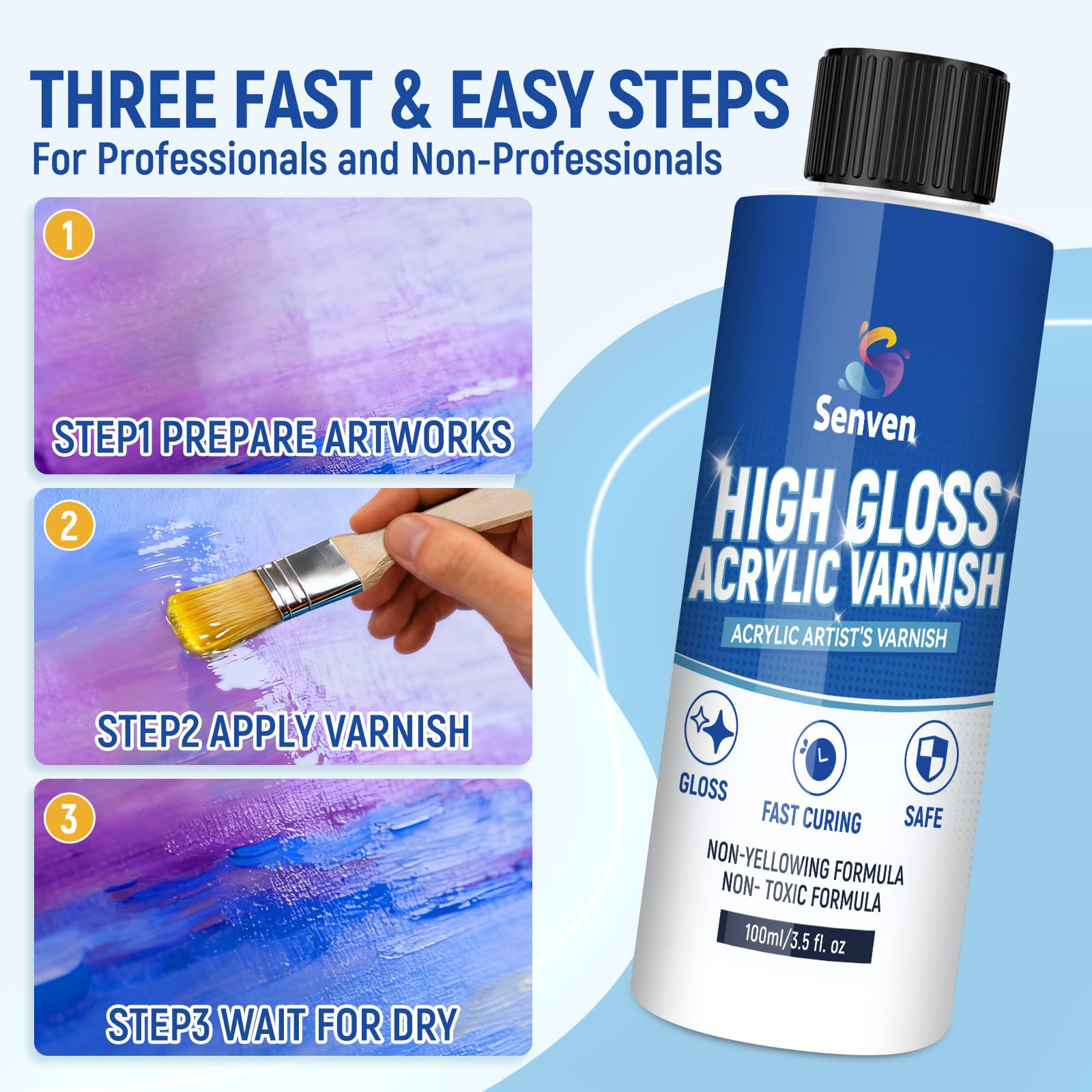 Gloss Varnish for Acrylic Painting, Artist's Acrylic Varnish Kit, Non-Yellowing, Non-Toxic, Anti-Crazing, High Gloss Finish for Artwork, Acrylics Paint, Suitable for Pro Artists, Hobby Painter