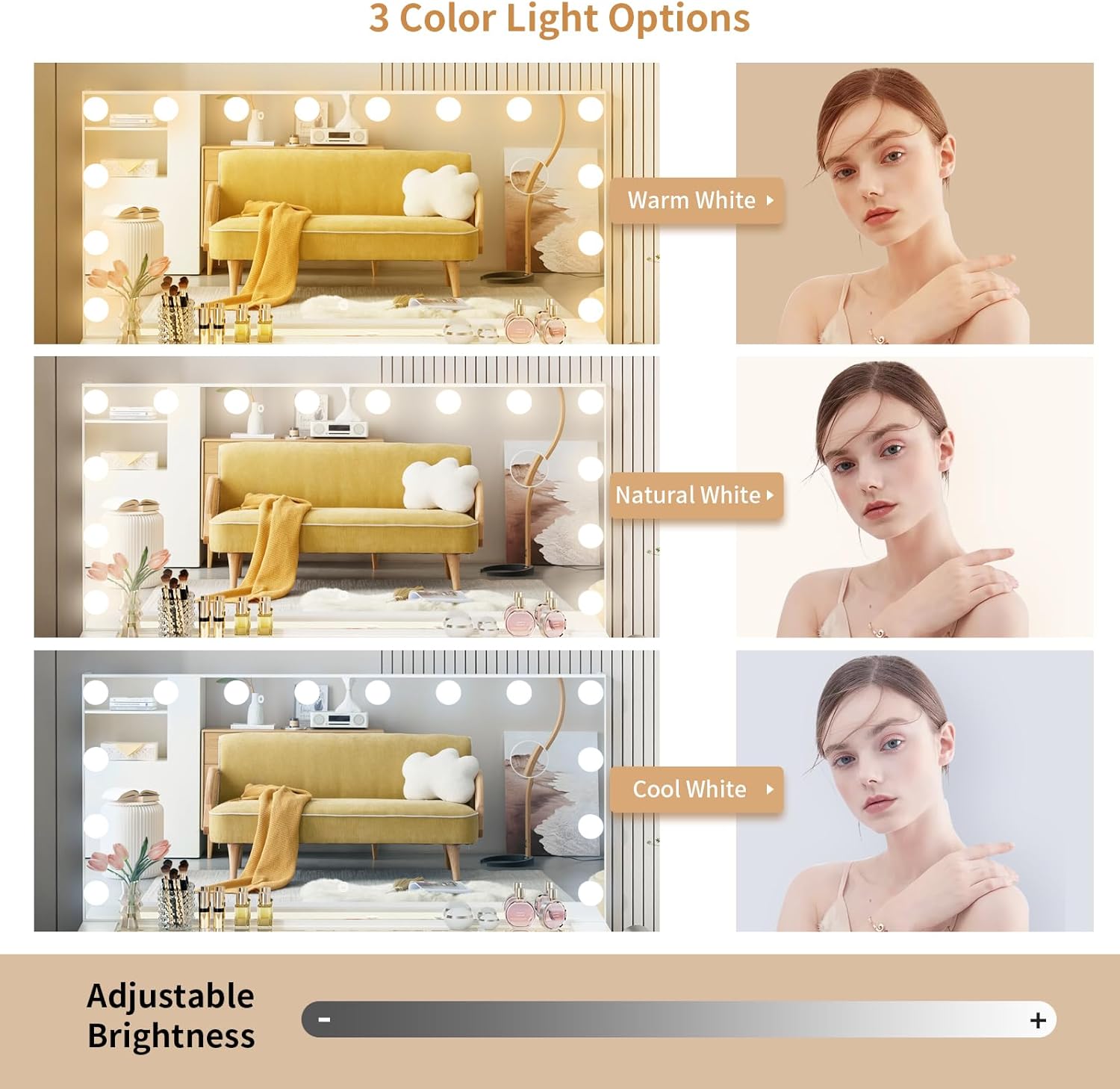 VOWNER Vanity with Lighted Mirror - Glass Top Makeup Vanity Desk with Lights and 11 Drawers, 3 Color Lighting Modes Adjustable Brightness, 46" Makeup Desk with Soft Cushioned Stool for Bedroom, White
