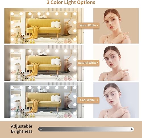 Miniatura 5 de VOWNER Tocador con espejo iluminado, escritorio de maquillaje con parte superior de vidrio con luces y 11 cajones, 3 modos de iluminación de color