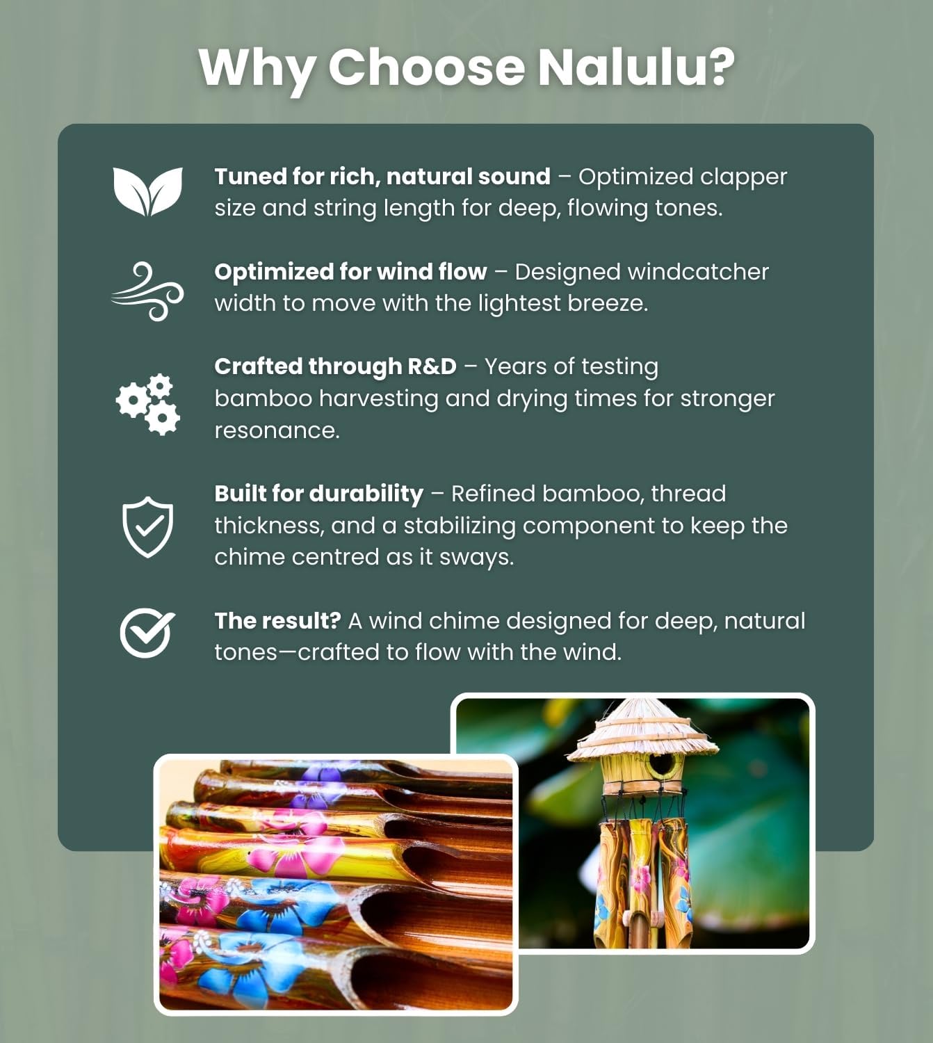 Flory Bamboo Wind Chimes - Oustide Outdoor Wooden Windchimes with Birdhouse, Handcrafted with Calming Deep Tones, Ideal Home Decor or Gift for Him and Her