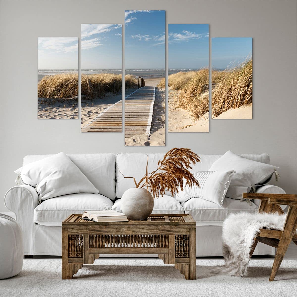Bilder auf Leinwand 150x100cm Leinwandbild Strand Meer Fußgängerbrücke Ufer Groß XXL Wanddeko Bild Schlafzimmer Set 5 teilige Wandbilder Dekoration Wohnzimmer Canvas Wand Kunstdruck Art EA150x100-2657