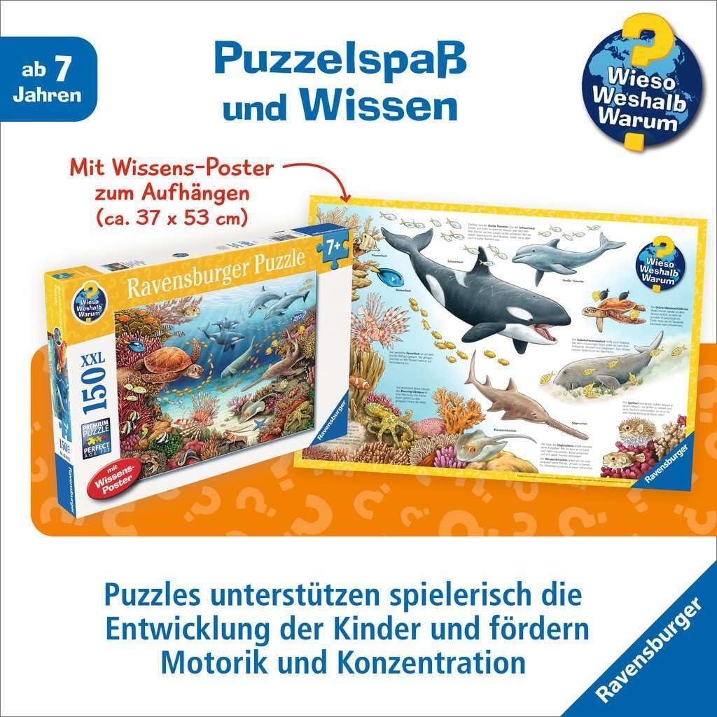Ravensburger Children's Puzzle 13411 - Meerestiere am Korallenriff - Wieso? Weshalb? Warum? Puzzle 150 Teile XXL + Wissensposter, für Kinder ab 7 Jahren: Puzzlevergnügen paired mit Sachwissen, Yellow