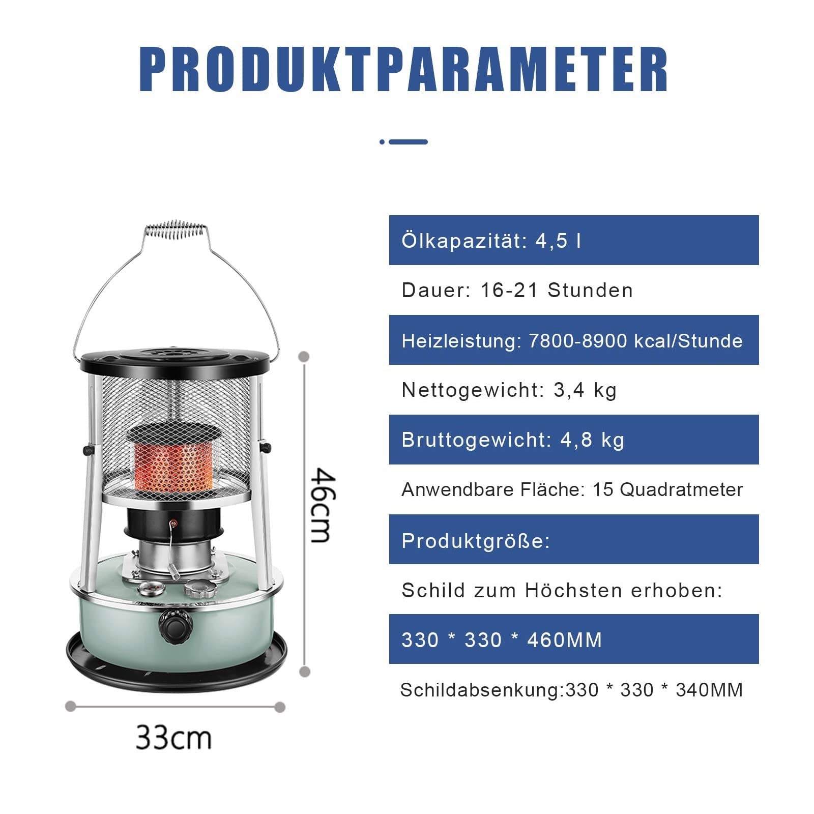 Chauffe-petroleum d'extérieur 2700 W, chauffage au pétrole de camping, capacité du réservoir de carburant 4,5 L, four à pétrole efficace