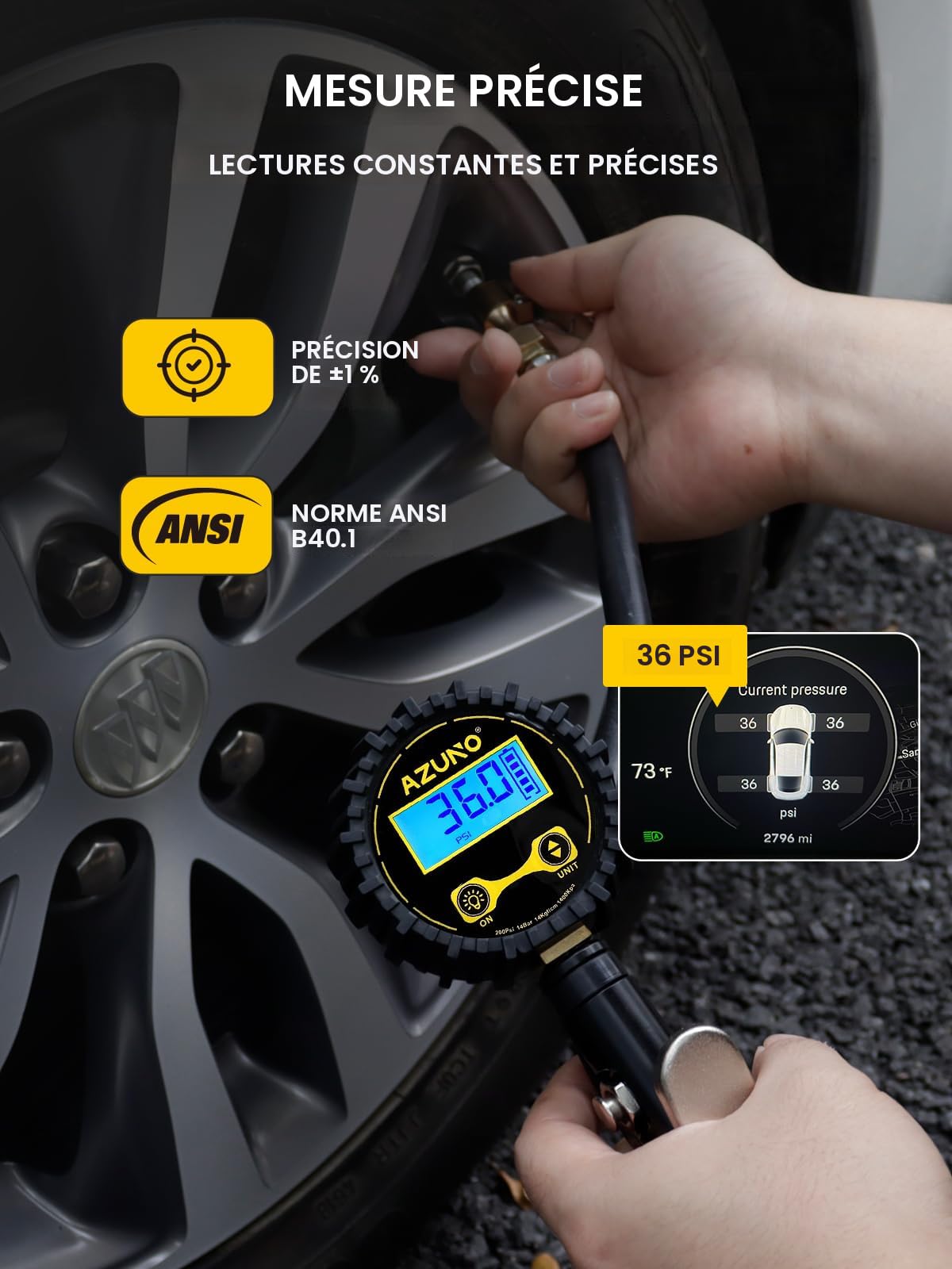 Manomètre Numérique De Pression Avec Gonfleur Auto-bloquant | Pour Pneus Voiture, VTT, Quad | Tuyau Robuste