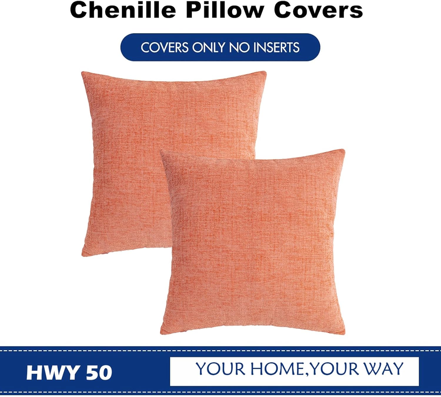 HWY 50 Coral Pink Couch Pillow Covers 22x22 Inch Pack of 2, Soft Chenille Decorative Throw Pillow Cases Farmhouse for Sofa Living Room Bed