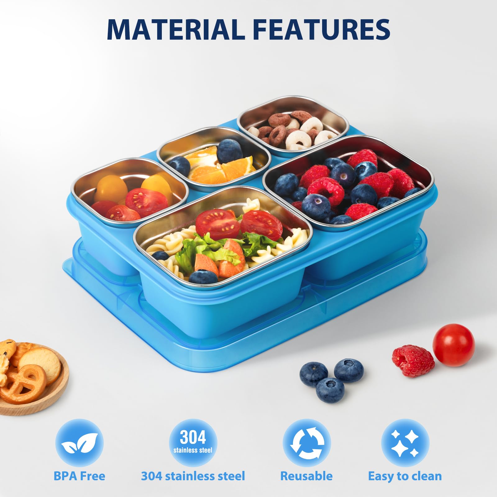 Freshmage Contenitori per snack in acciaio inox, confezione da 2, senza BPA, con 5 scomparti, riutilizzabili, per scuola, lavoro e viaggi, lavabili in lavastoviglie (blu)