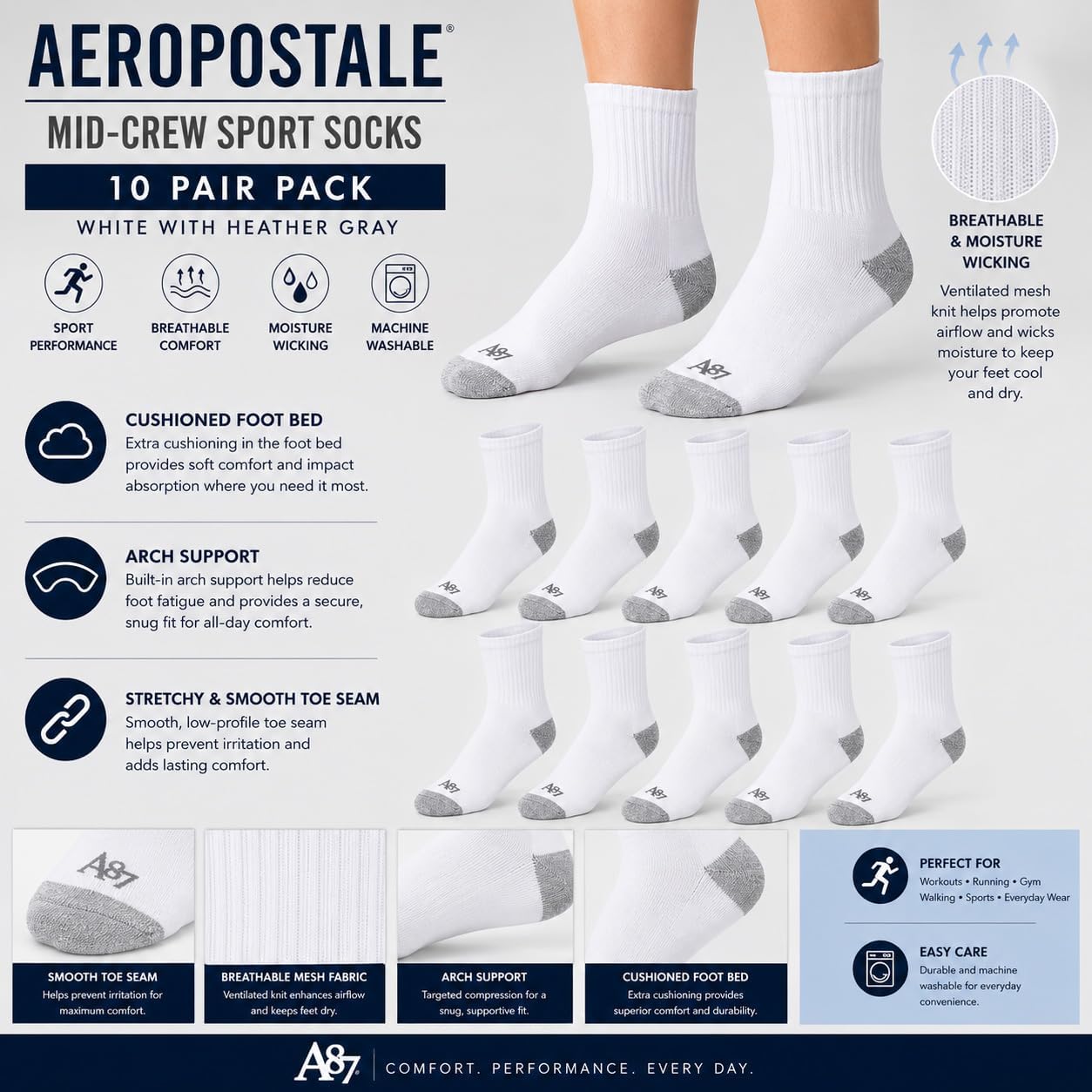 AEROPOSTALE 10-Pack Athletic Half Cushioned Arch Mid Crew Sport Socks