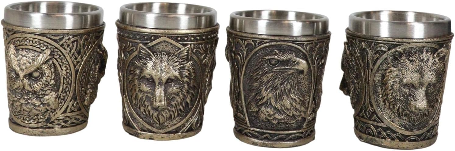 Ebros Gift Wild Animal Spirit Bald Eagle Great Horned Owl Black Bear And Gray Wolf 2-Ounce Shot Glasses Set Of 4 Resin Housing With Stainless Steel Insert Great Souvenir And Party Hosting Idea