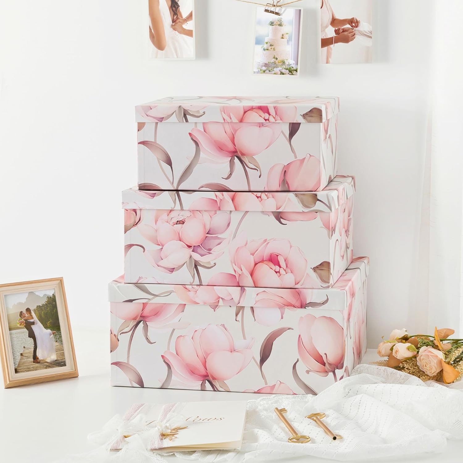 Soul & Lane Decorative Cardboard Storage Boxes with Lids for Home Decor and Organization, Set of 3 Large Keepsake Boxes for Memories & Gifts, Nesting Floral Photo Storage Containers, Peonies Paradise