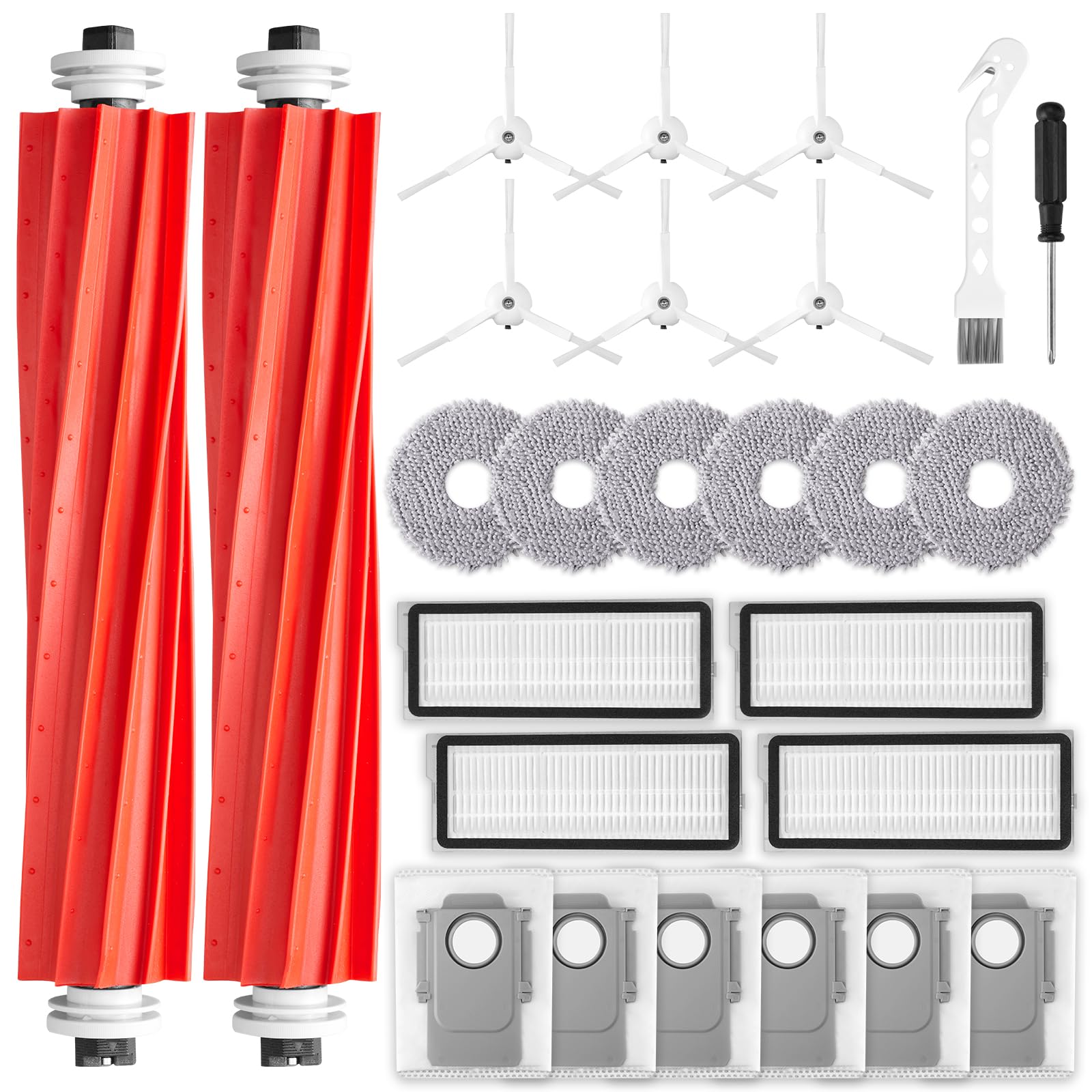 EOVWAEO 26 Stück Zubehörset für Roborock Qrevo S/Qrevo Pro/Qrevo Maxv Saugroboter, Ersatzubehör 2 Hauptbürste 6 Wischpad 6 Staubbeutel 6 Seitenbürste 4 Filter 1 Reinigungsbürste 1 Schraubendreher