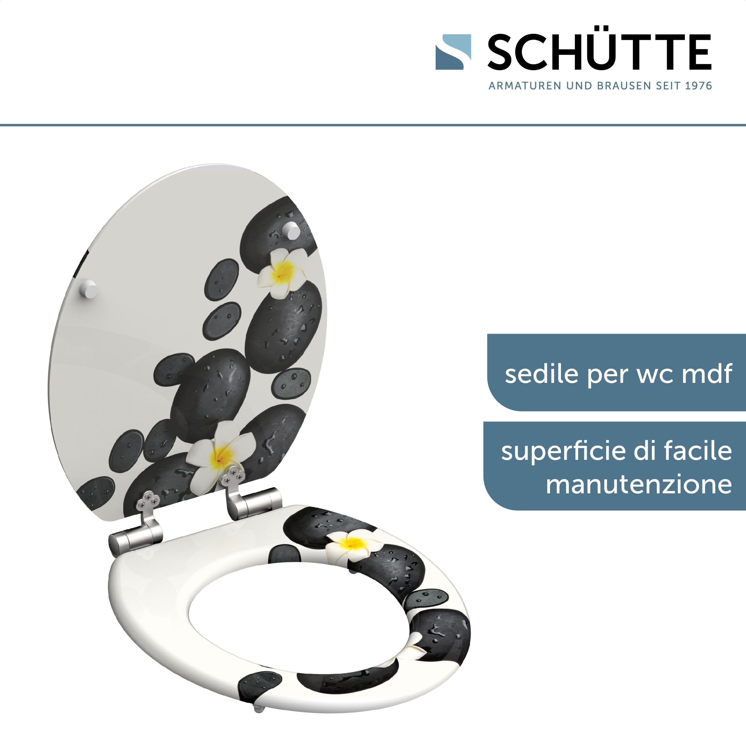 SCHÜTTE Tavoletta WC chiusura ammortizzata legno | Copriwater universali globo | Coperchio Water MDF | Sedile WC Universale | Asse Water | Fino a 250 kg | STONES