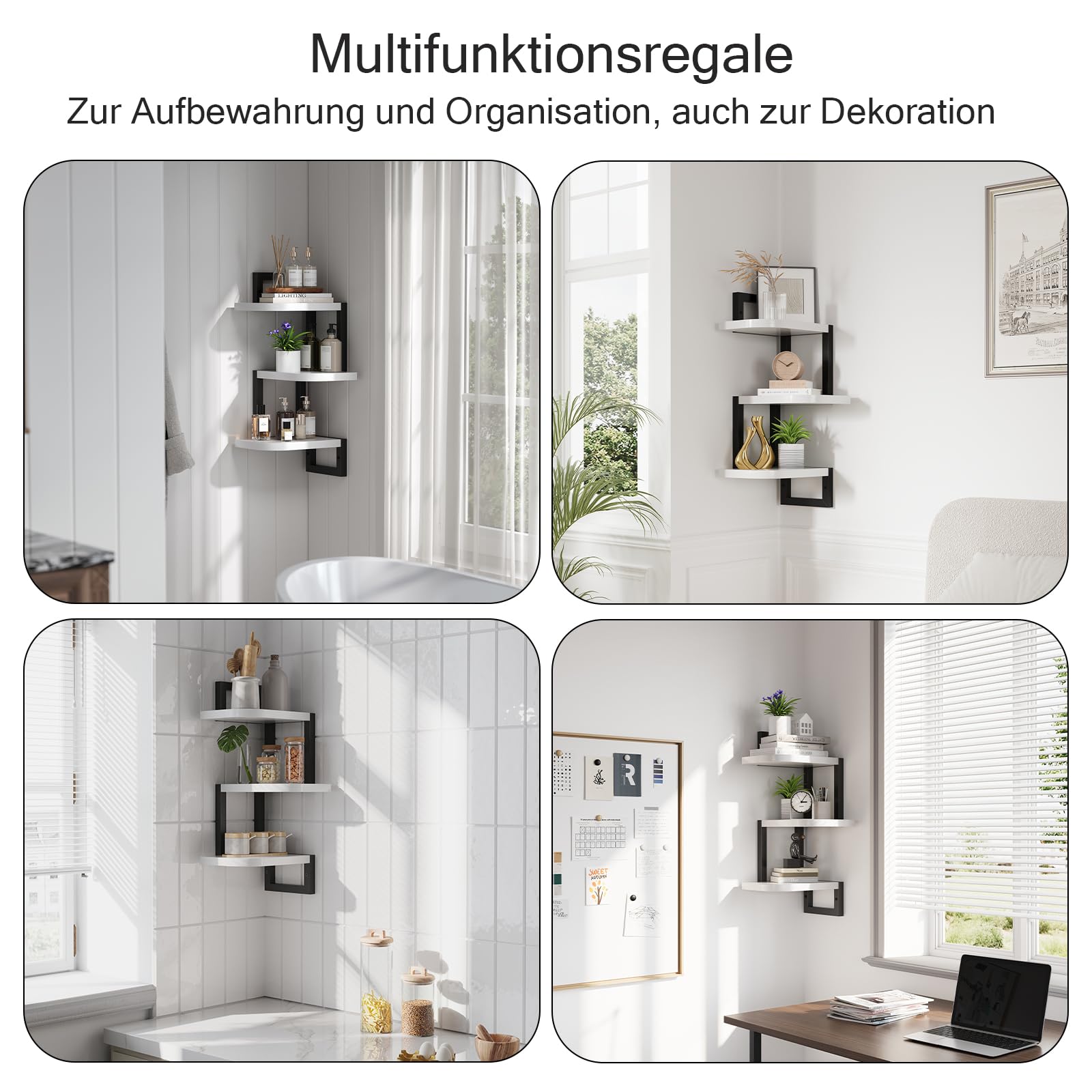 Lot de 3 étagères d'angle à suspendre - En bois rustique - Pour chambre d'enfant - Bibliothèque - Jolies étagères murales d'angle en bois pour salle de bain, salon, cuisine - Blanc