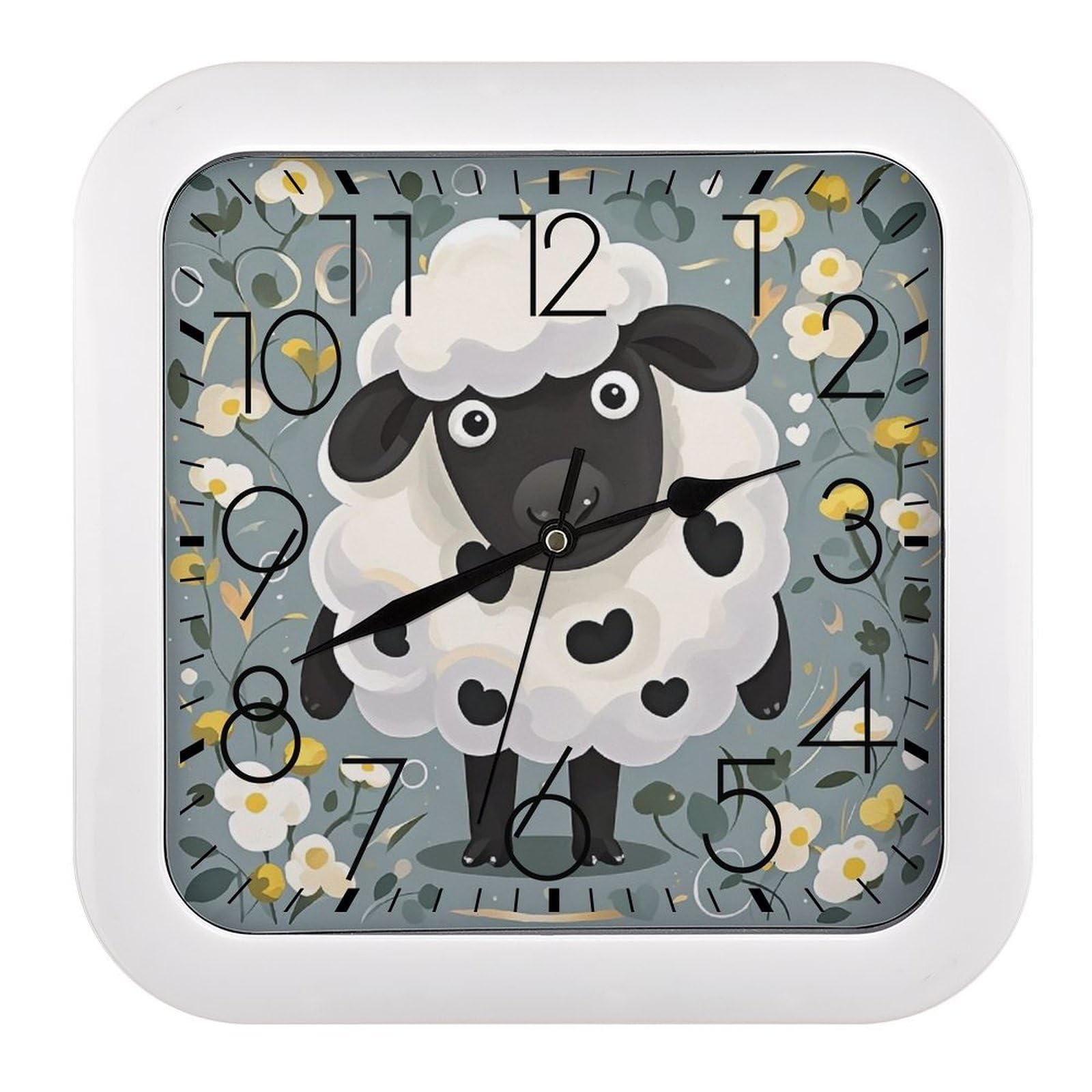 FekiLoot Square Cartoon Black White Sheep Wall Clock Decorative Battery Operated Analog Clocks Silent Non-Ticking Frame Wall Clocks Perfect Kitchen Or Office Clock 10 Inch