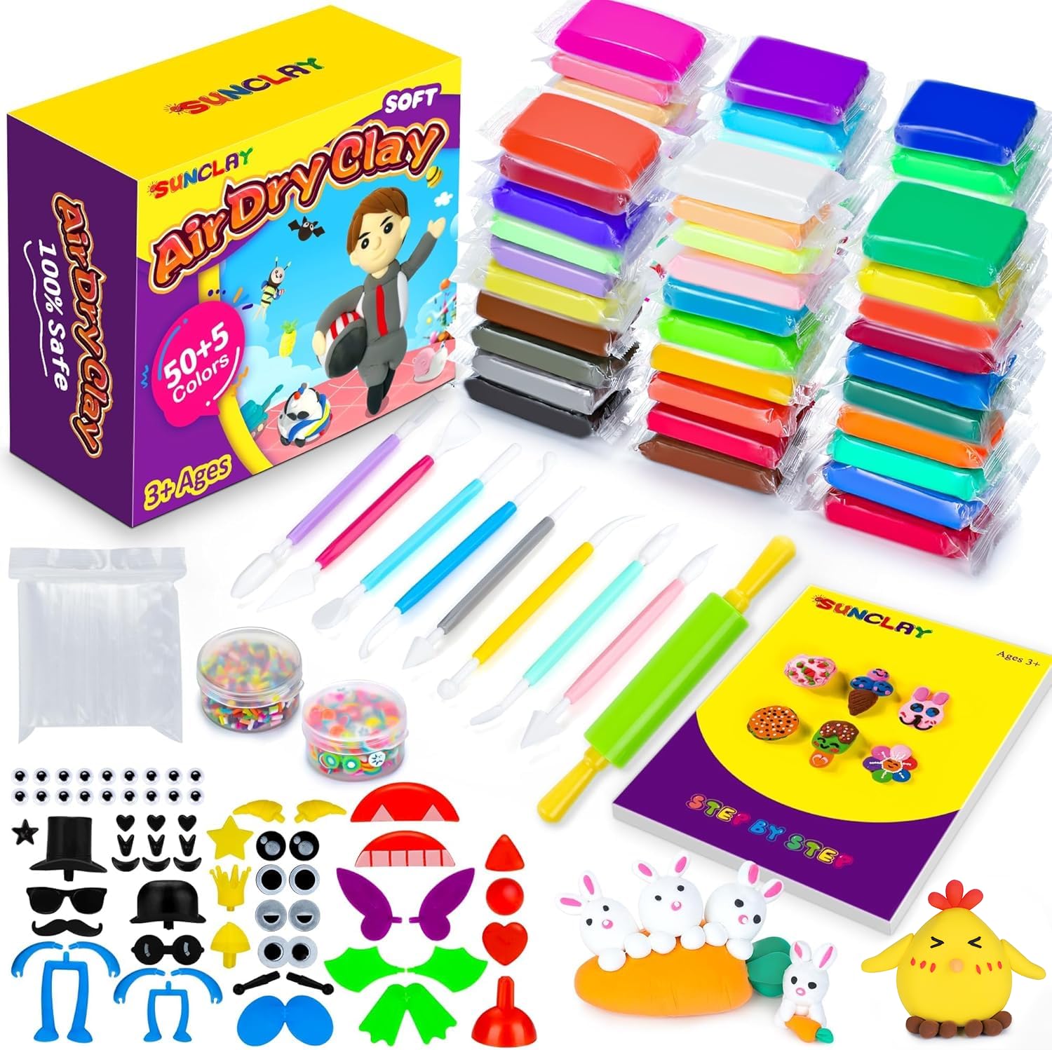 SUNCLAY Arcilla Polimerica Secado al Aire - 55 Colores con 80 Páginas Tutorial 9 Herramientas Plastilina 5 Accesorios, Pasta Modelar para Niños Niñas 3 4 5 6 7 8-12 Años
