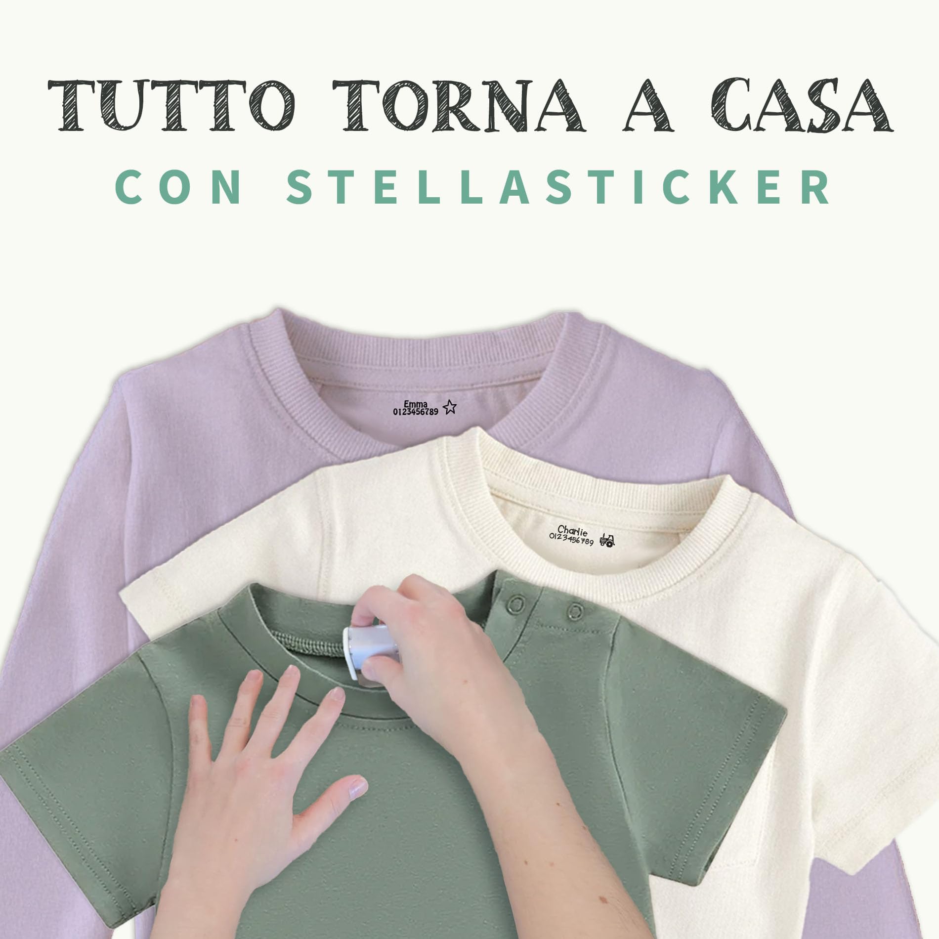 Stellasticker - Timbro tessile personalizzato con 2 righe – timbro nome per vestiti bambini – inchiostro resistente ai lavaggi – ideale per scuola, asilo e abbigliamento – fino a 900 utilizzi