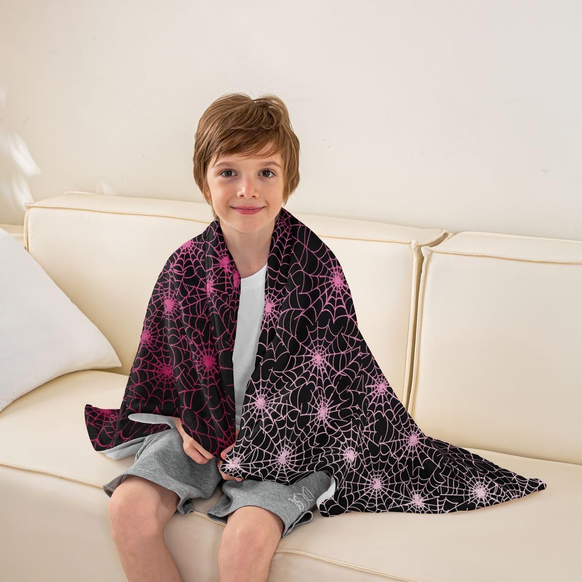 Spider Web Throw Blanket For Kids Boys Girls Halloween Blanket Geometric Lines Stripes Fleece Blanket Purple Red Ombre Flannel Blanket Lightweight Sofa Bed Couch Decor Twin 60X80 Inch, Black White