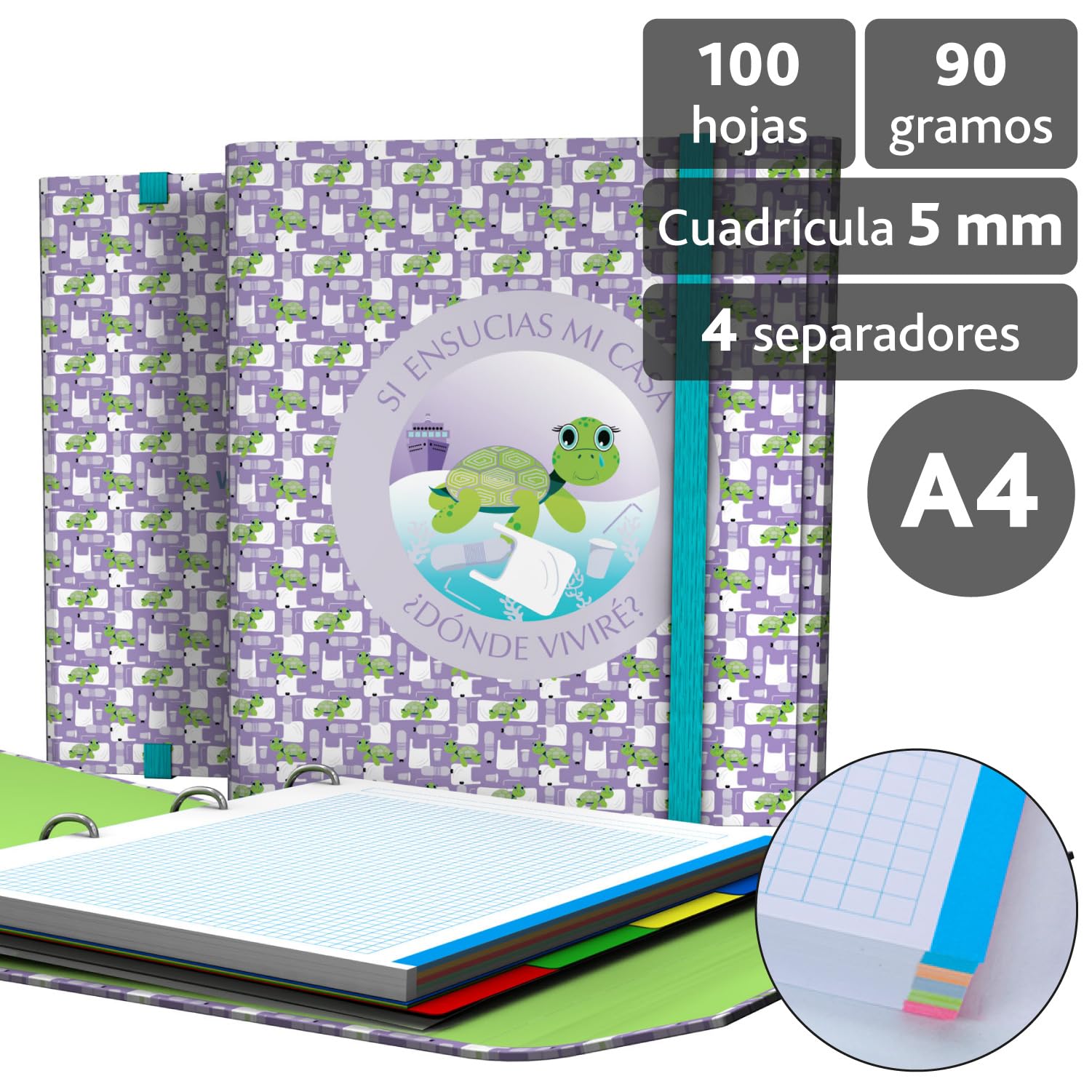 Grafoplás 88212628 Folder with Rings, A4, Flap and Elastic Closure, Includes Refills and Dividers, Wise Planet, Turtle - Image 4