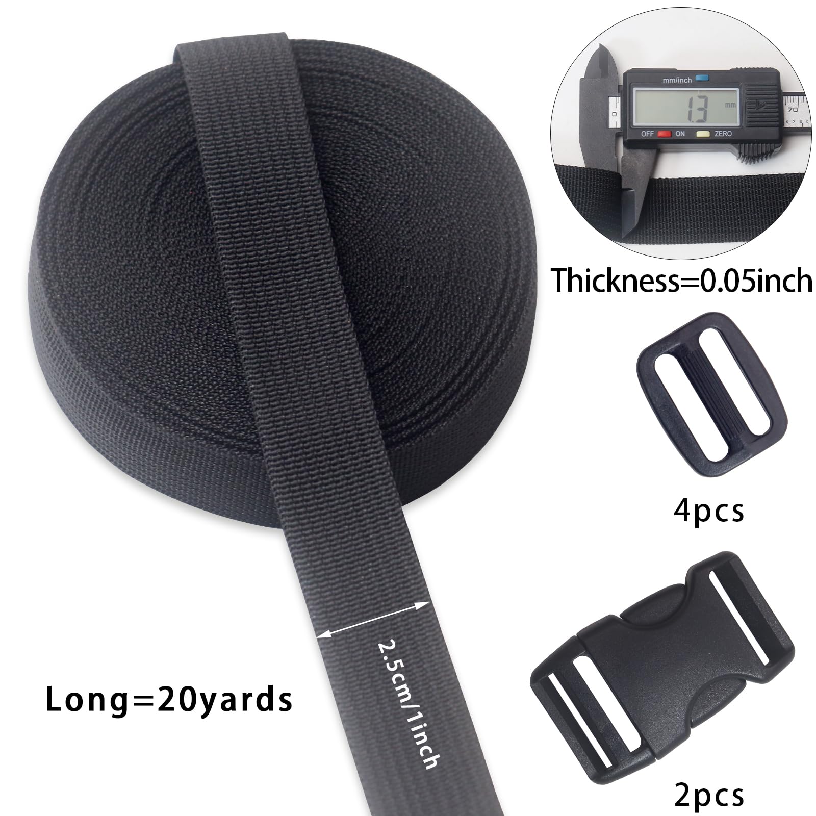Correa negra de polipropileno de 1 pulgada, 20 yardas, correas de mochila de polietileno resistente para escalada, al aire libre, interiores, manualidades, bolsas de bricolaje, reemplazo de silla de