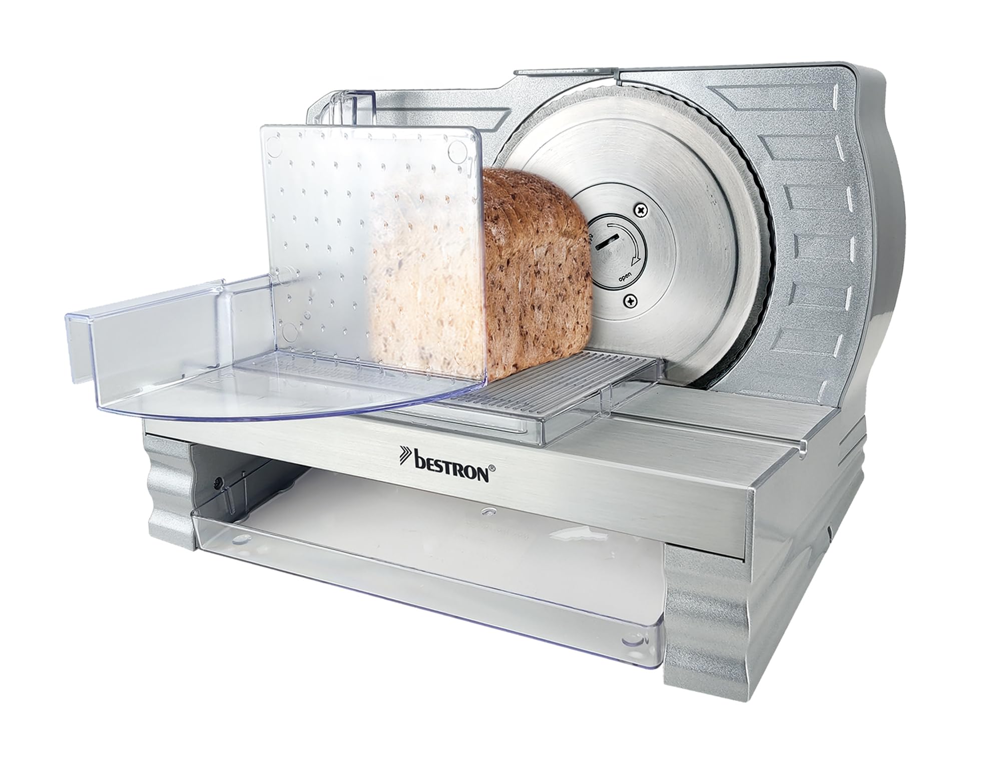 Bestron Cortador de pan con hoja de acero inoxidable RSG, fabricado en Alemania, ajuste de grosor de corte continuo de 0 a 20 mm, cortador con botón de cambio para funcionamiento automático y manual,