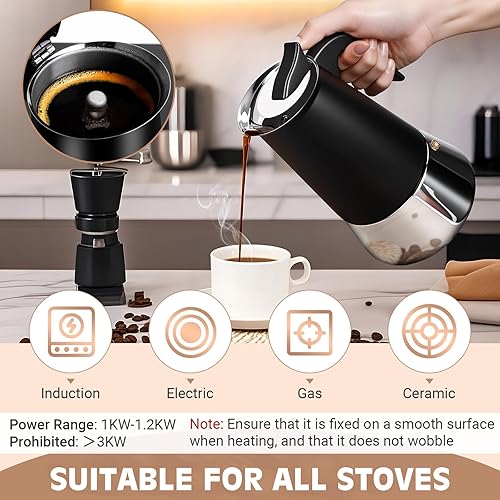 Miniatura 5 de Moka Pot, 9 tazas (15.9 onzas) para máquina de café expreso, olla moka de acero inoxidable 304, compatible con inducción, color negro