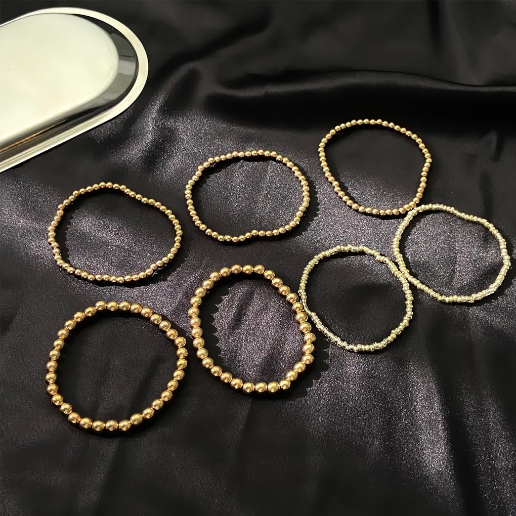 7Pcs Plated Gold Bead Bracelet Set,Minimalist Stackable Dainty Beaded Personalized Bracelet,Trendy Geometric Ball Statement Bangles for Women - Image 7