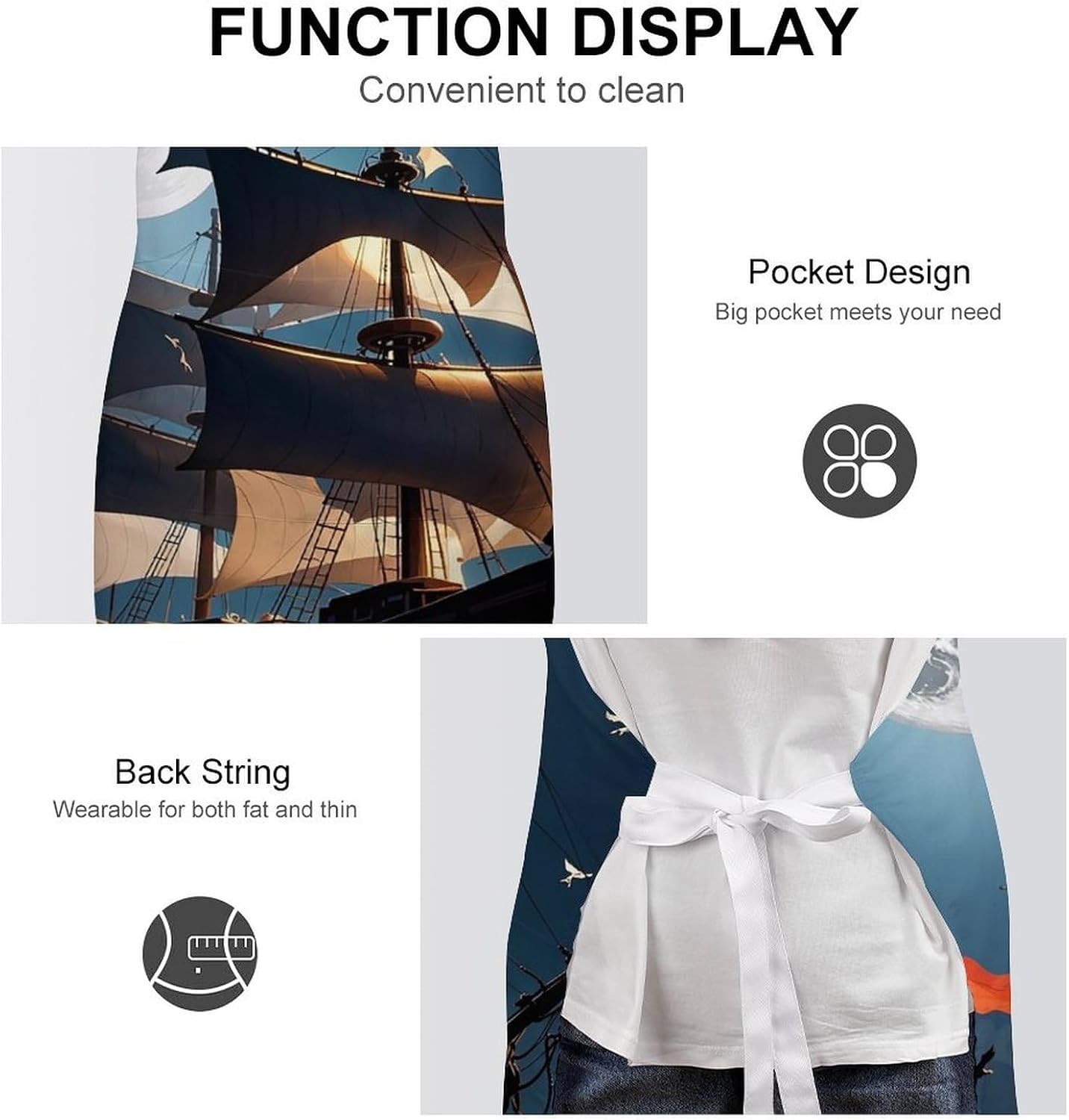 Pirate Sailboat Full Moon Apron for Cooking Kitchen Chef Aprons with Pockets Unisex Professional Adjustable Bib Aprons Restaurant Waterdrop Resistant Apron for Men Women Waiter