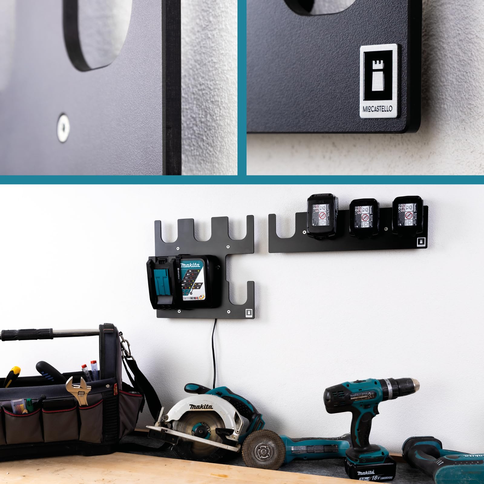 TAKE&GO Wandhalterung für Makita Akkus und Ladegerät – mit cleverer Ladegerät-Befestigung für festen Halt sowie einzigartige Flexibiltät und Mobilität beim Laden (Farbe: Schwarz)