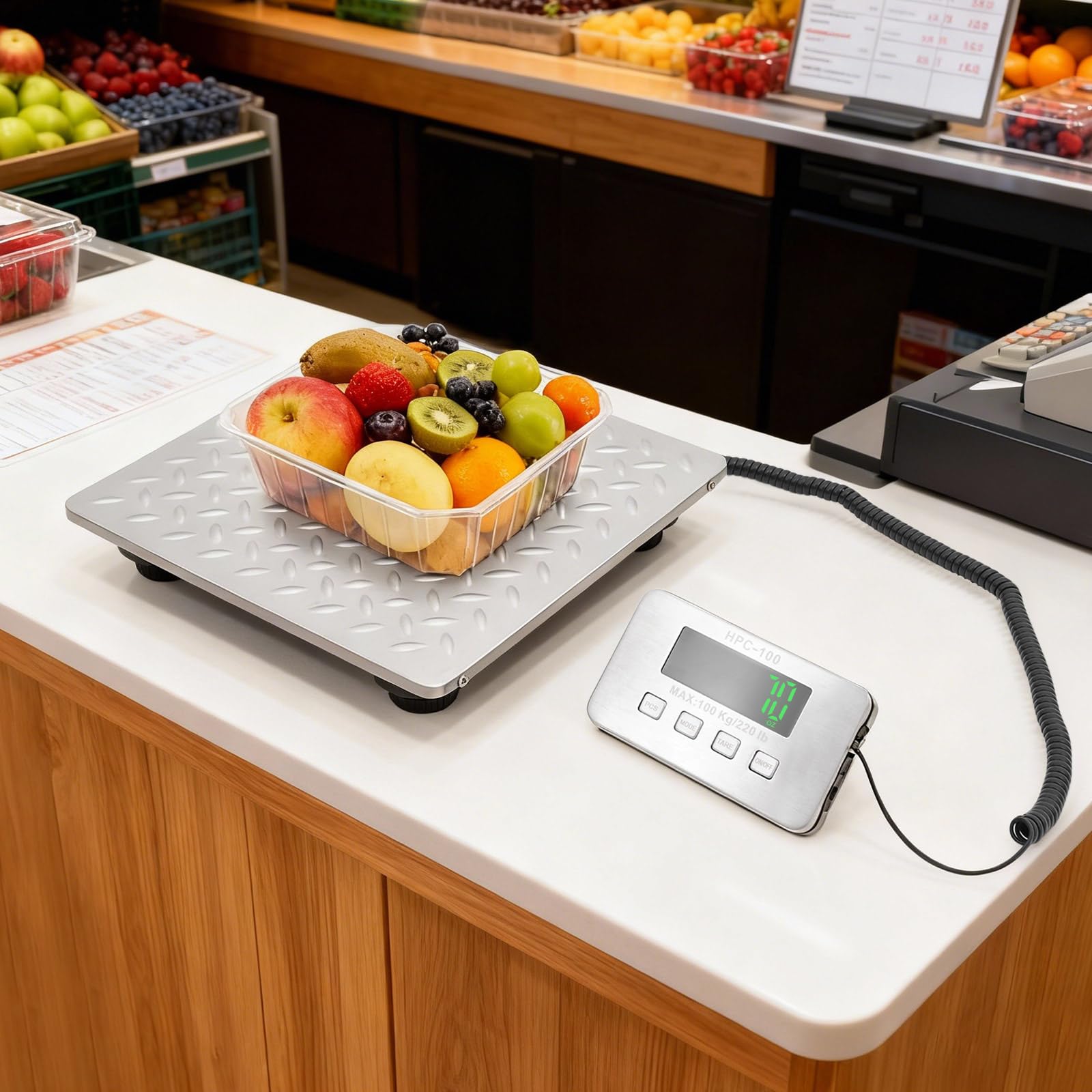 Digitale Paketwaage 100kg/220lbs Edelstahl LED Display，Tara Funktion Einheitenumschaltung Automatische Verriegelung，Wiederaufladbar Paketwaage für Logistik Lager Haushalt Büro Tiergewicht