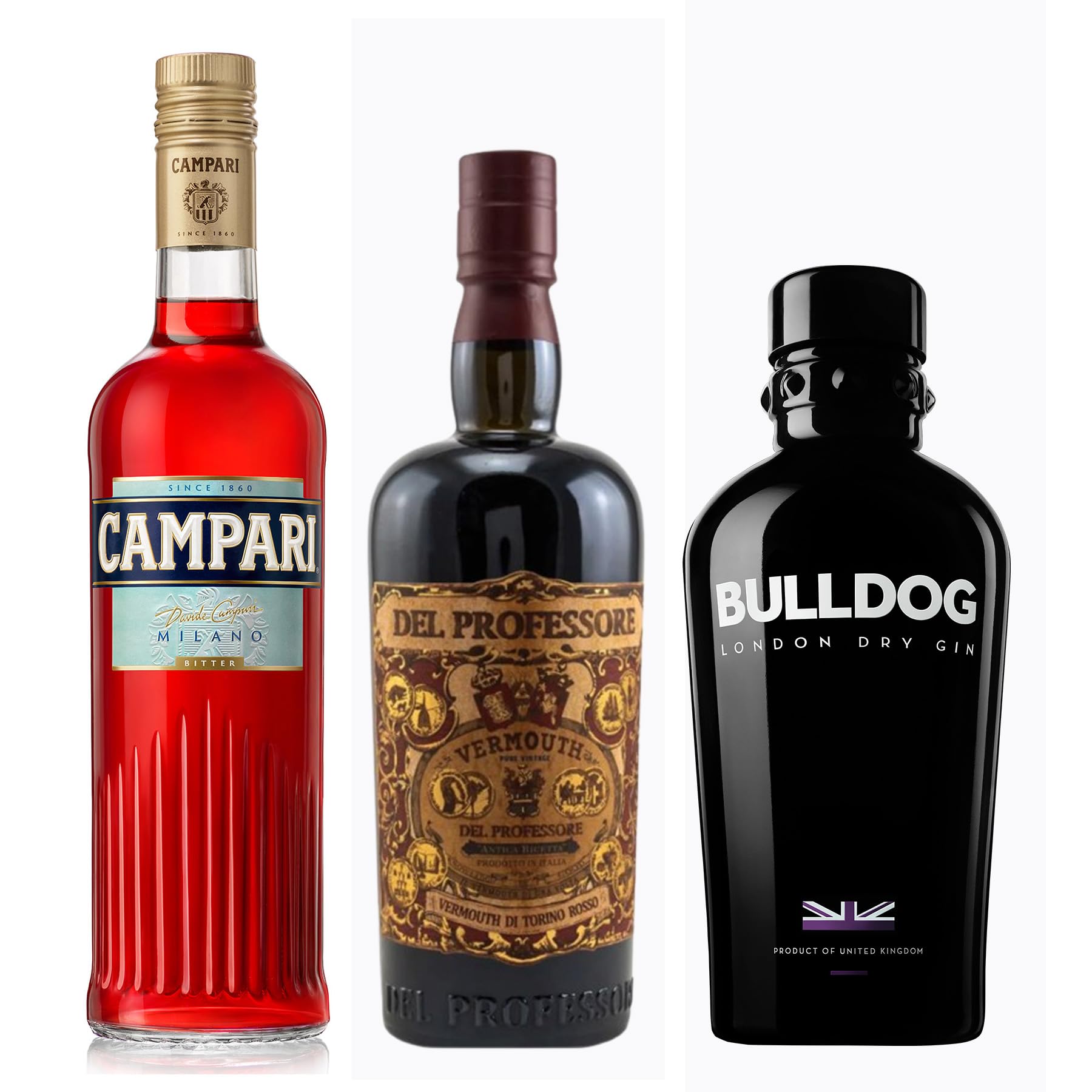 Negroni Bundle | Campari Bitter Aperitif (1x 0,7l – 25%) | Del Professore Vermouth di Torino Rosso (1 x 0,75l - 18%) | Bulldog London Dry Gin (1x 0,7l - 40%)