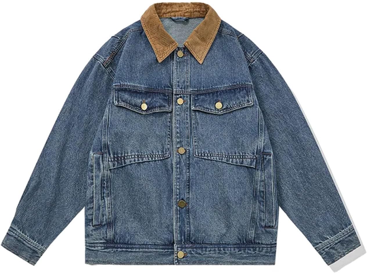 Mens Patchwork Denim Jackets Vintage Casual Slim Fit Distressed Old Washed Long Sleeve Jeans Tops