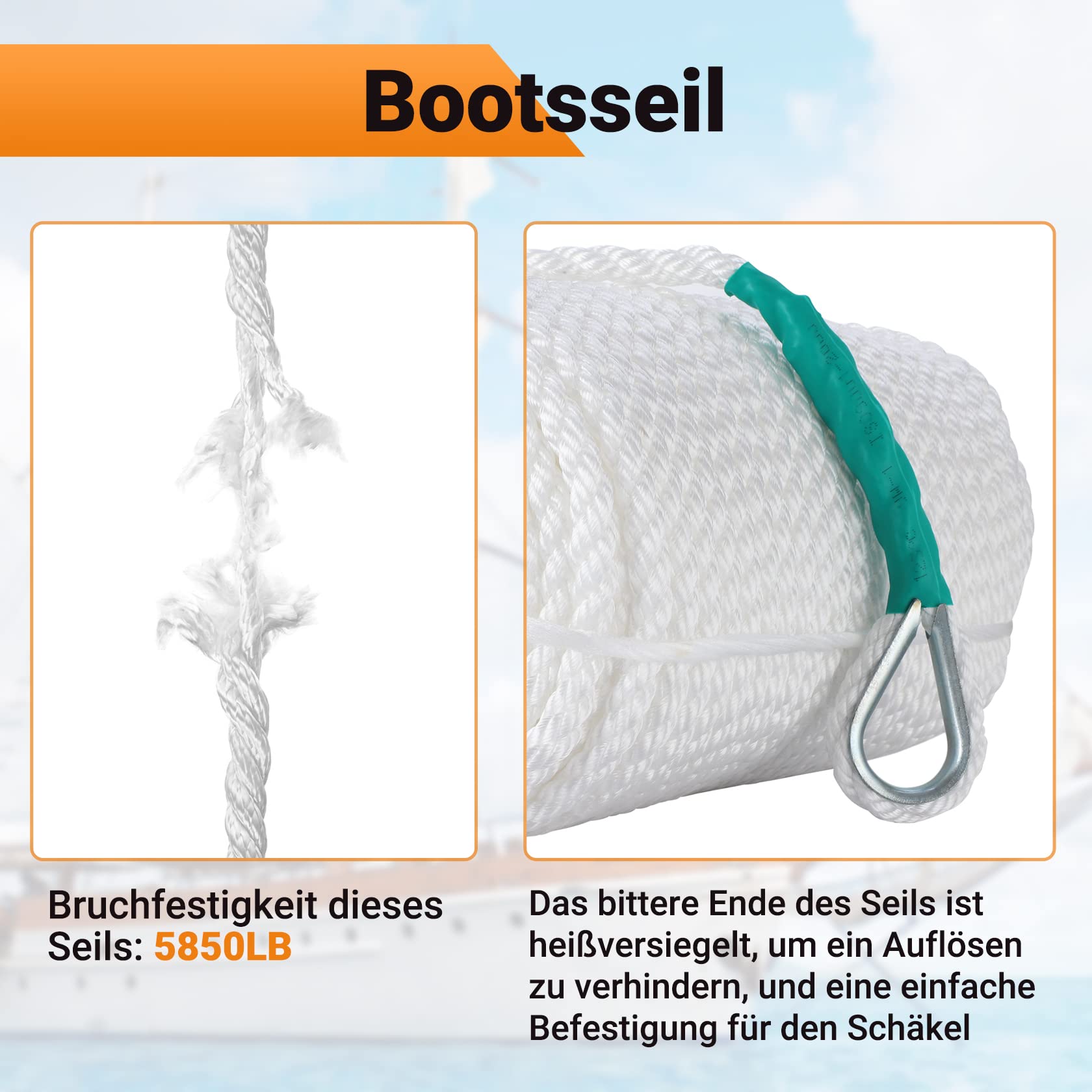 CarBole Tauwerk für Boote 12mm*91m, 2653KG Dock Line Rope | Festmacherleine und Camp-Seil, ideal für Camping und Bootfahren im Freien