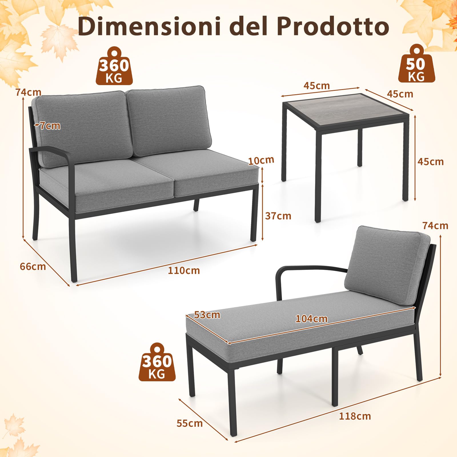 COSTWAY Set Divano da Giardino a 3 Posti, Divano Modulare a L con Tavolino (Grigio)