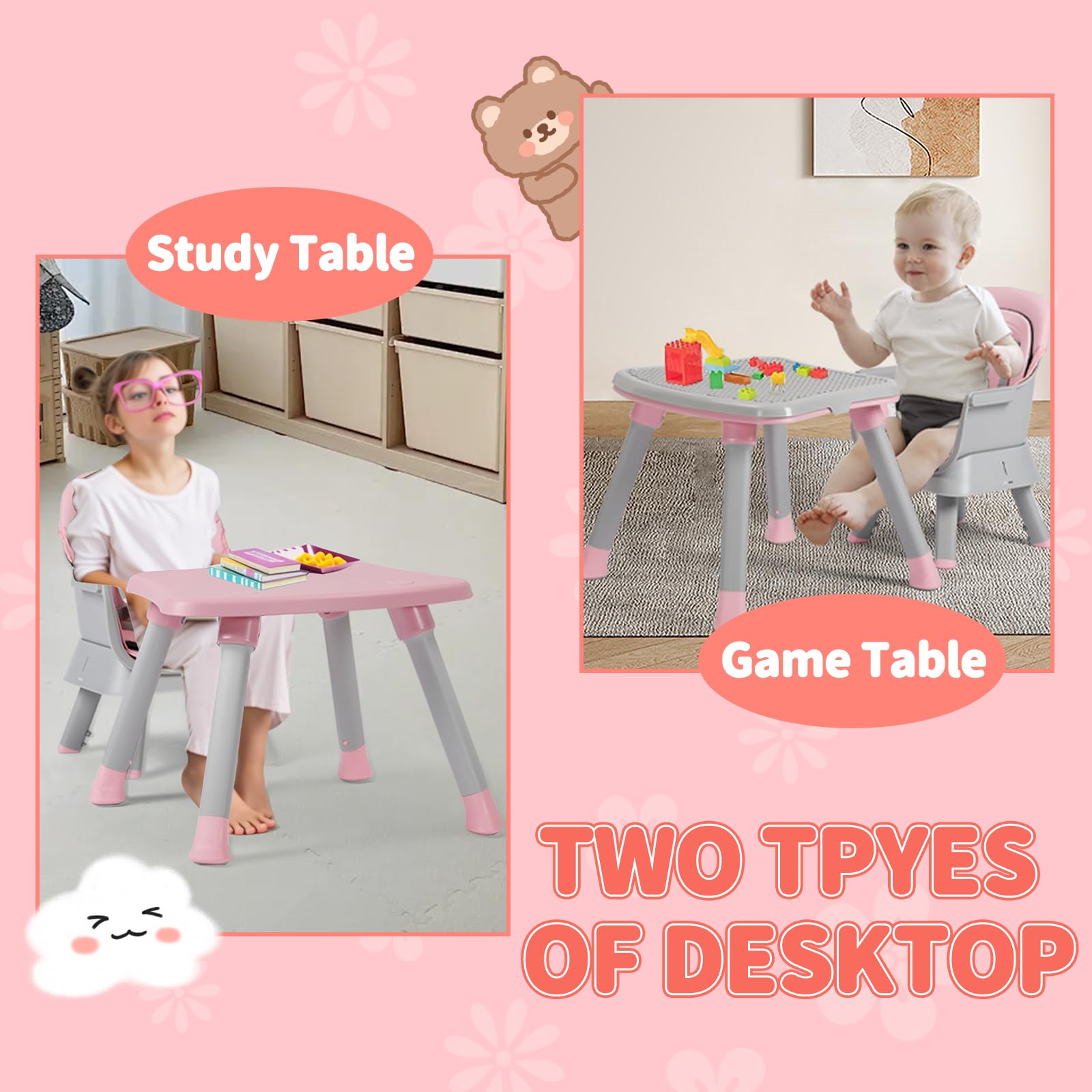Kinder King 8 in 1 Baby High Chair, Coverts to Dining Booster Seat/Kids Table & Chair Set/Toddler Building Block Table/Kids Stool, Removable Tray & Double Seat Cover, Easy to Wipe, Grey & Pink