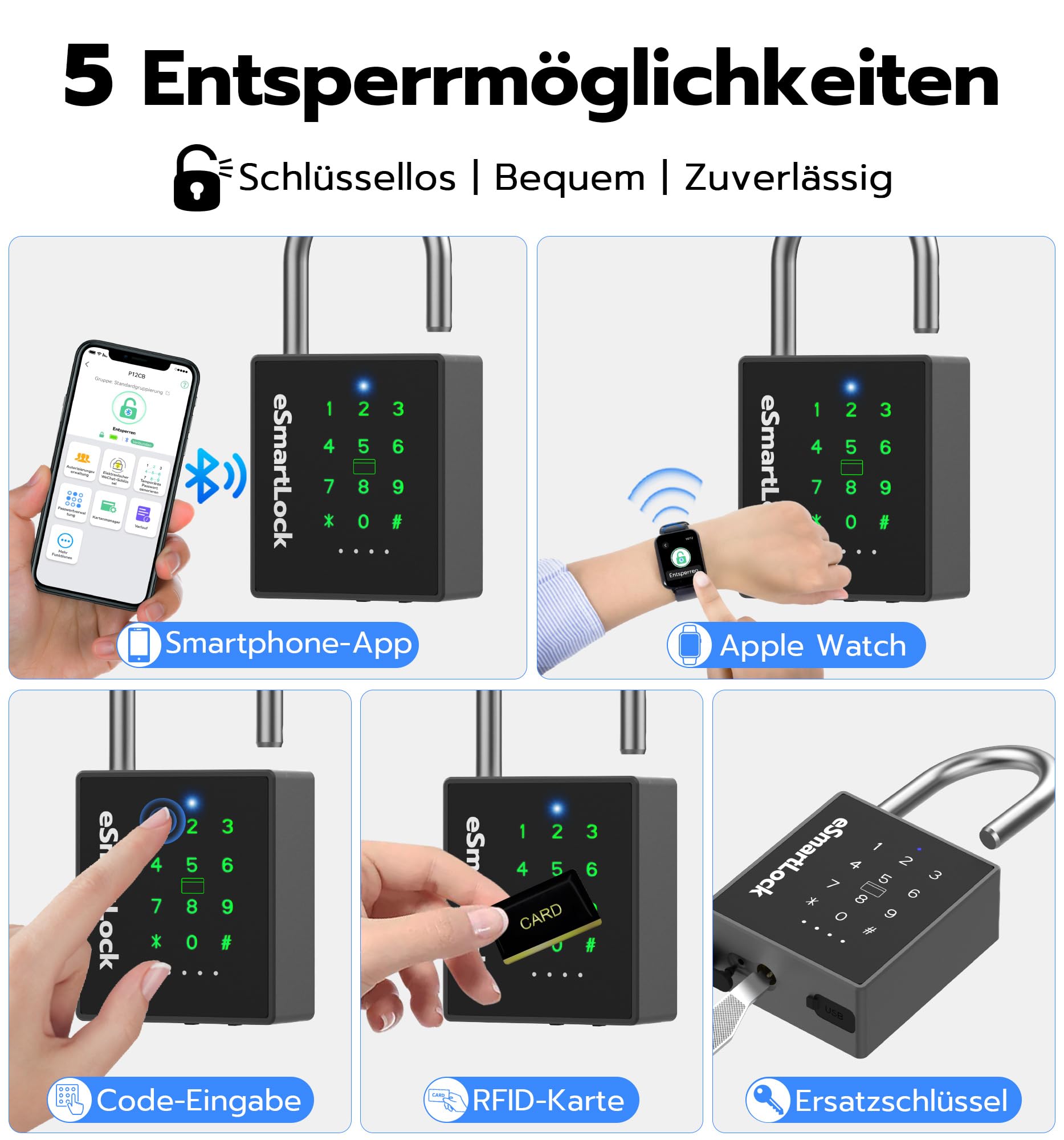 Smart Zahlenschloss Vorhängeschloss, Wetterfestes Vorhängeschloss Groß mit Schlüssel, Bluetooth Schloss mit Zahlencode RFID, IP68 Elektrisch Intelligentes Lock für Tür Garten Spind Keller