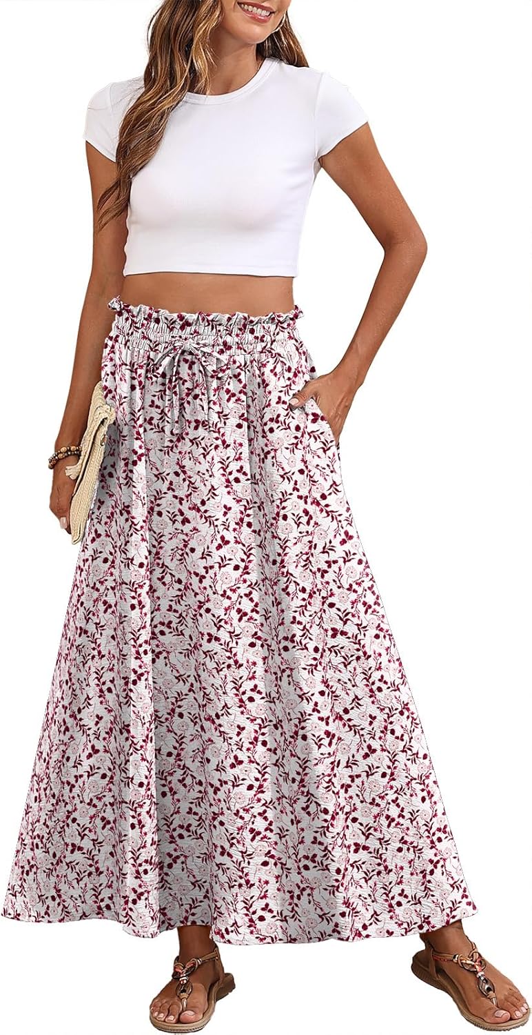 Askyes Womens Maxi Skirt Summer Tie Knot Elastic High Waisted Boho Casual Beach Flowy Swing Long Skirts with Pockets