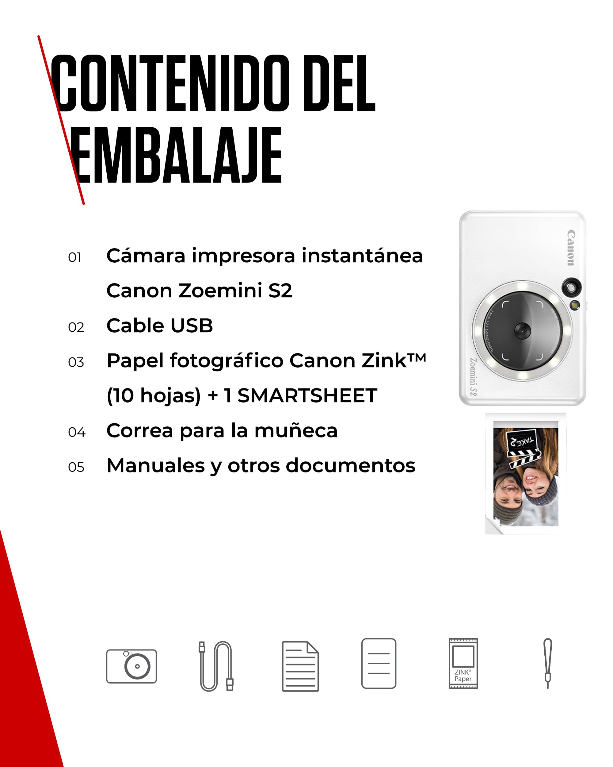 Canon Zoemini S2 Cámara Instantánea con Impresora Fotográfica de 8 MP – con Espejo, Anillo de Luz y Papel Fotográfico Zink Adhesivo (Blanco Perla)