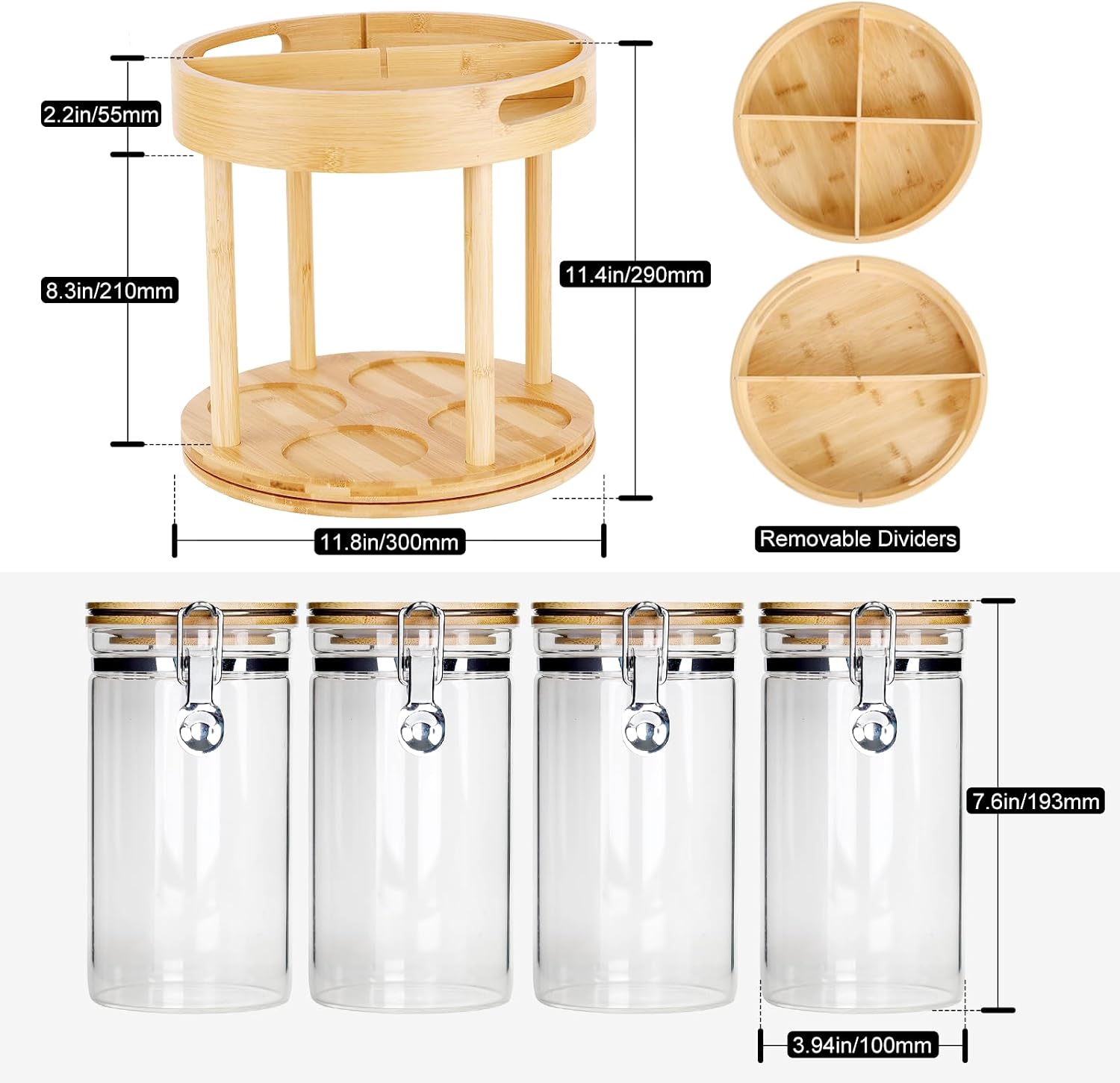 Glass Loose Leaf Tea Storage Container Set - 4Pcs 40oz Airtight Tea Leaf Jars with Bamboo Lids, Revolving Lazy Susan Organizer for Tea Bar & Station, Rotating Tea Caddy for Tea Bags & Accents image 3
