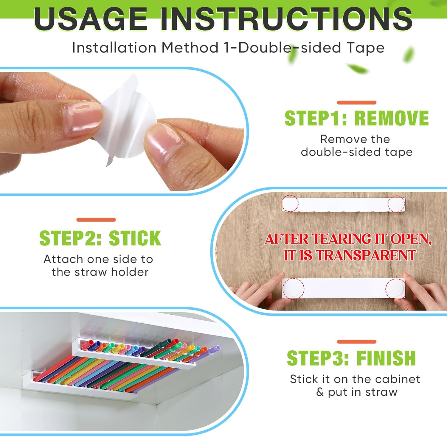 Baderke Straw Holder for Cabinet Reusable Straw Organizer with Double Sided Adhesive Tape Screws Storage Container for Kitchen Counter Cupboard (White,Novel) - Image 3