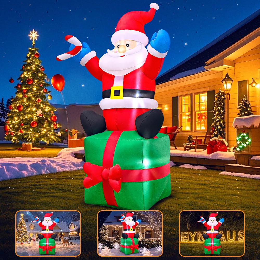 KOOY Père Noël gonflable de 1,8 m assis sur une boîte cadeau, décoration de jardin gonflable, lumières LED pour fête de Noël, décoration de pelouse extérieure