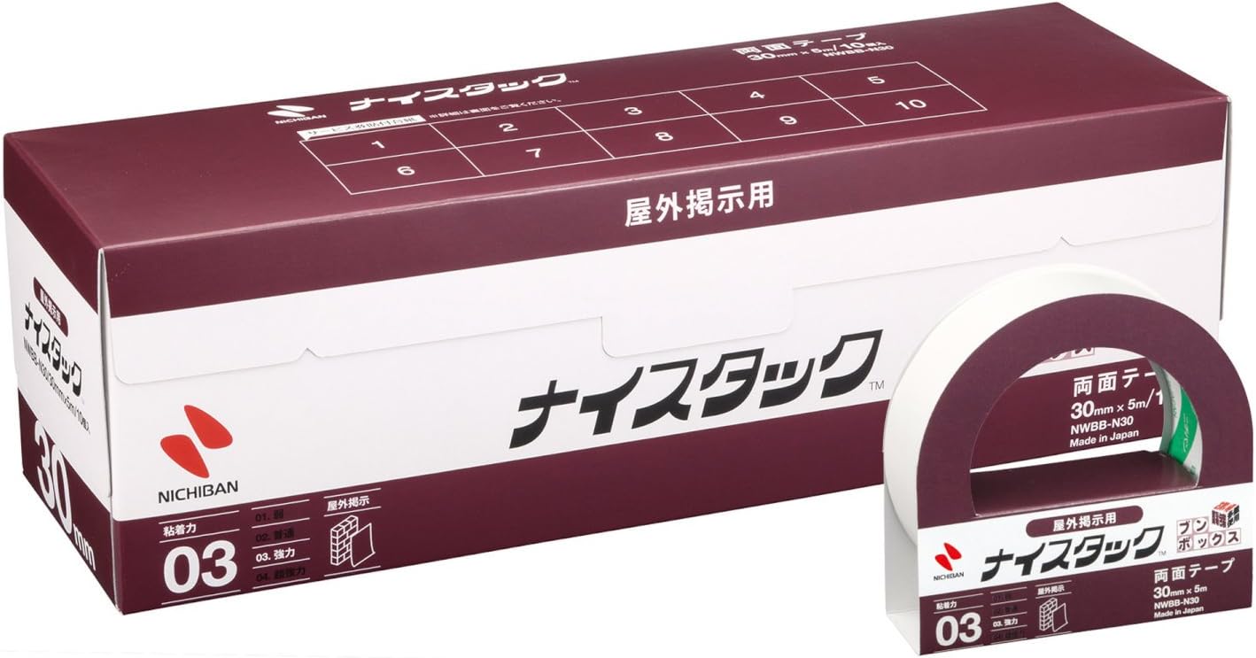 Nichiban NWBB-N30 Double-Sided Tape Nistack (Outdoor Posting), 10 Rolls, 1.2 inches (30 mm) x 16.4 ft (5 m)
