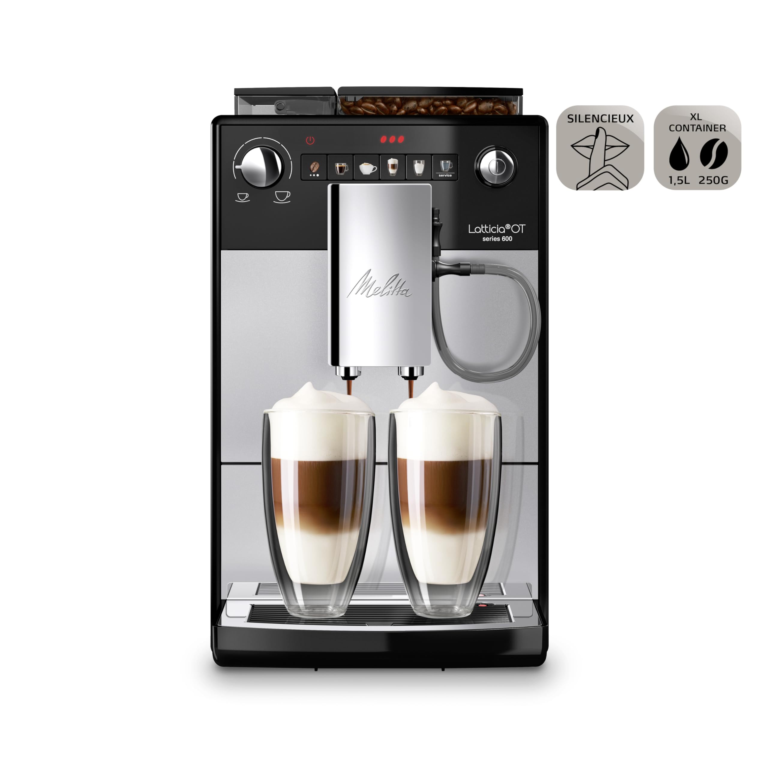 Melitta Latticia One Touch Argent, Machine à Café à Grains avec Broyeur et Système Latte Perfection, Silencieuse, Mode 1 à 2 Tasses, Automatique, F300-101, 1450W
