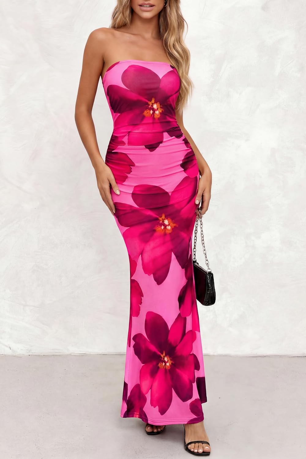 PRETTYGARDEN Womens Spring Dresses 2026 Sexy Strapless Tube Bodycon Mesh Ruched Floral Maxi Dress Wedding Club Outfits - Image 5