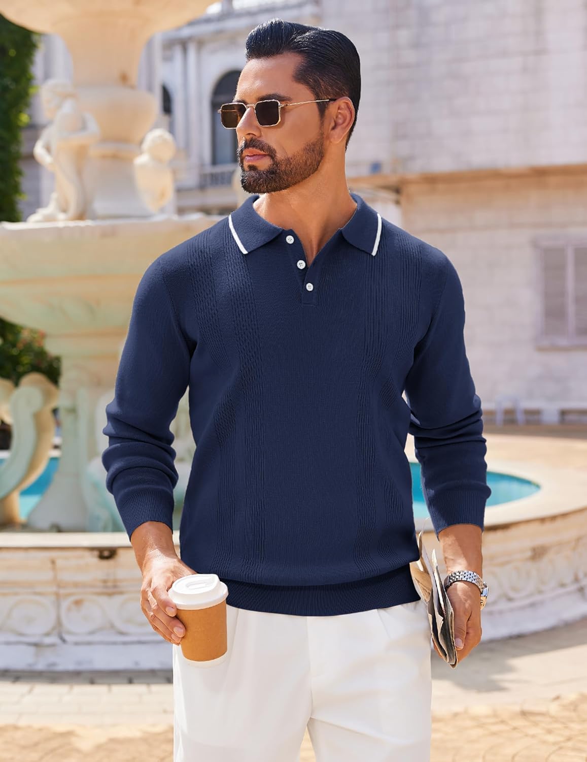 COOFANDY Mens Knit Polo Sweaters Long Sleeve Vintage Polos Casual Dress Pullover Old Money Tops - Image 2