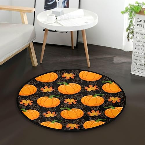 Orange Pumpkins Autumn Maple Leaves Black Small Round Area Rug Non Slip Absorbent Comfort Round Rug for Bedroom Living Room Study Playing 3' Diameter
