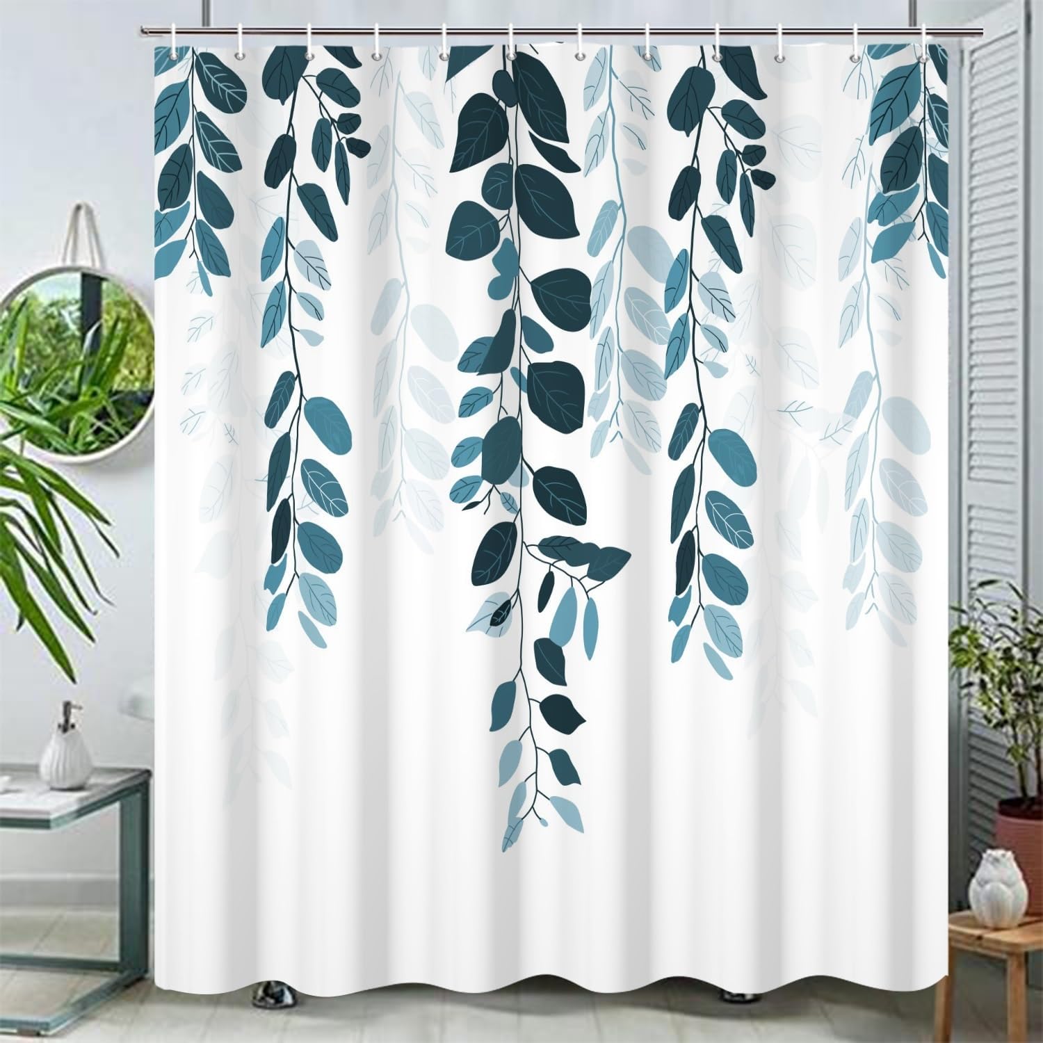 Cyan Eucalyptus Leaves Shower Curtain Aesthetic Watercolor CadetBlue Leaves on The Top for Modern Bathroom Shower Curtain Machine Washable Durable Fabric Set with Hooks, 72x78 Inch
