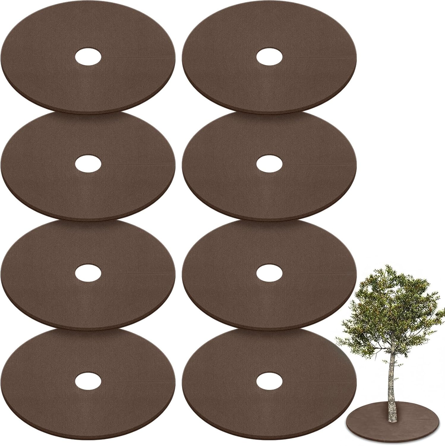 Shimeyao 8 Pack 32.2 Inch Non Woven Tree Mulch Ring Thickened Tree Mat Protector Reusable Trees Weed Mat Round Fabric Trees Root Barrier or Landscape Weed Barrier Plant Root Protection(Brown)