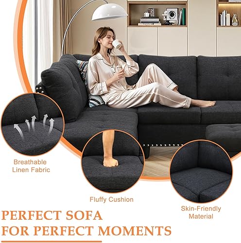 Miniatura 3 de Sofá seccional, moderno juego de muebles de sala de estar de 4 plazas con diván, otomana y 2 almohadas Sofá en forma de L Soporte para tazas Tela