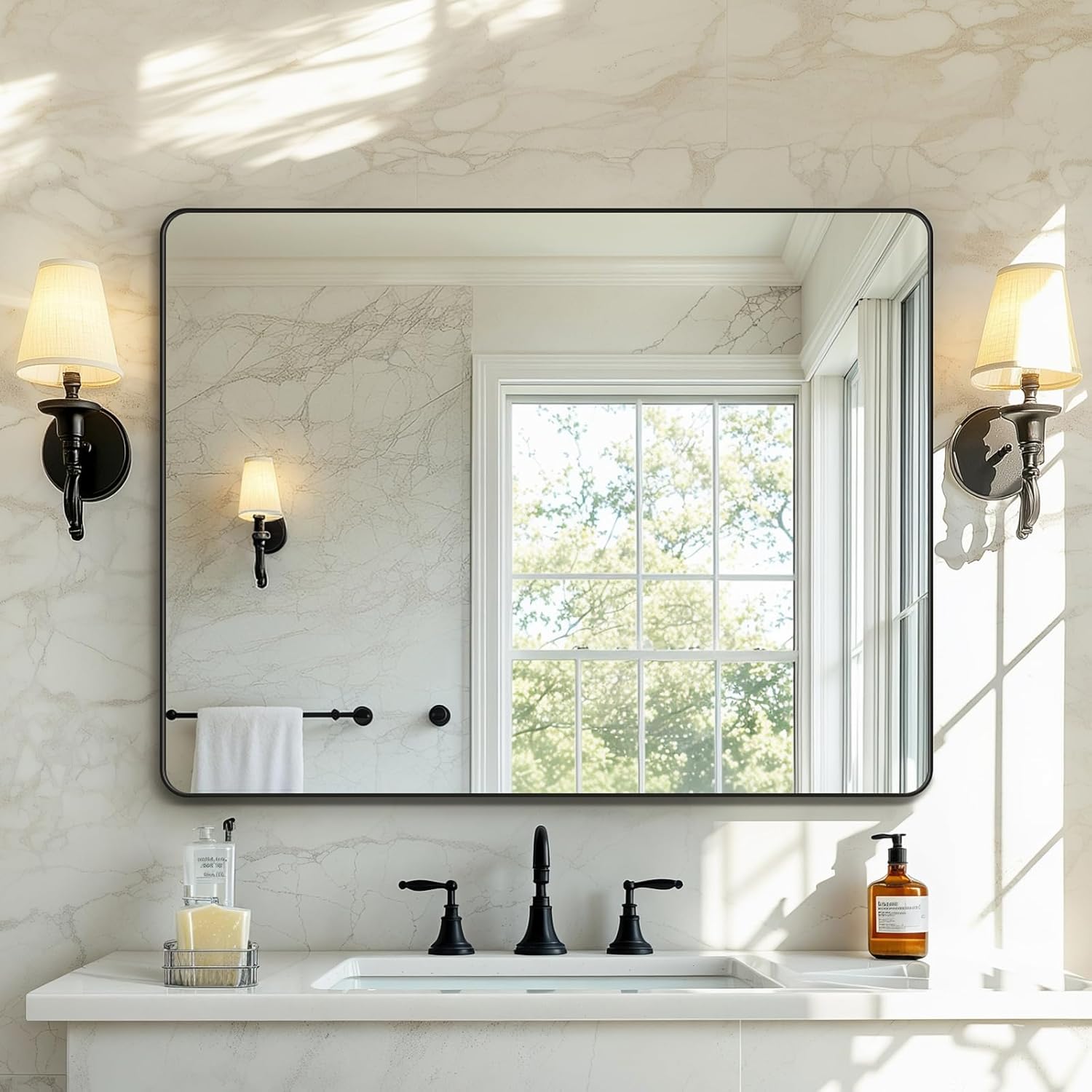 Kosmonia 40x30 Bathroom Vanity Mirror for Wall, Aluminum Framed, Farmhouse Rectangle, Anti-Rust, HD Reflection Anti-Desilvering, Distortion Free, Tempered and Shatter-Proof Wall Mounted Mirror, Black Framed Mirror-black 40"L x 30"W