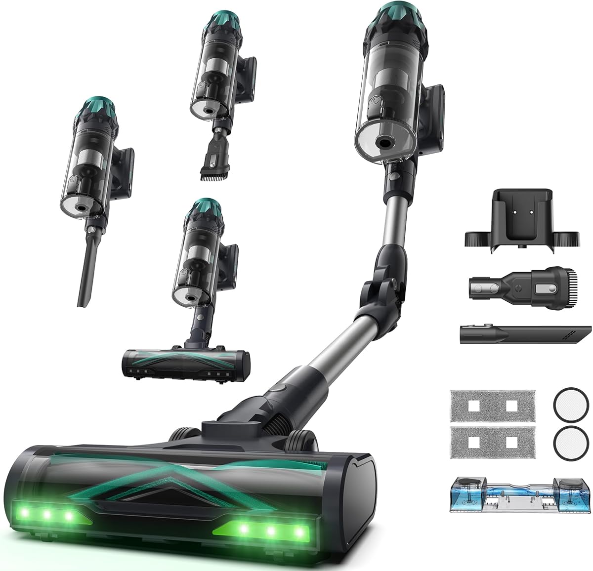 Vexilar V15Max Battery Vacuum Cleaner with Mop Function, 55 KPa/600 W/60 Min Vacuum Cleaner, Wireless, Kink Tube, Wall Charging Station, GreenEye, Freestanding Anti-Hair Floor Nozzle, 1.5 L Container